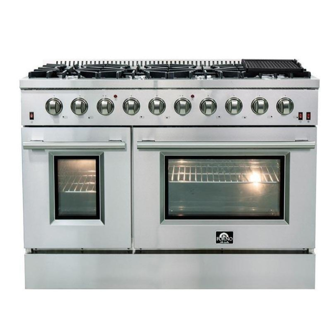 Forno 5-Piece Appliance Package - 48-Inch Gas Range, 60-Inch Pro-Style Refrigerator, Wall Mount Hood, 24-Inch Microwave Oven, & 3-Rack Dishwasher in Stainless Steel - APD5-6244-48-H-MWO