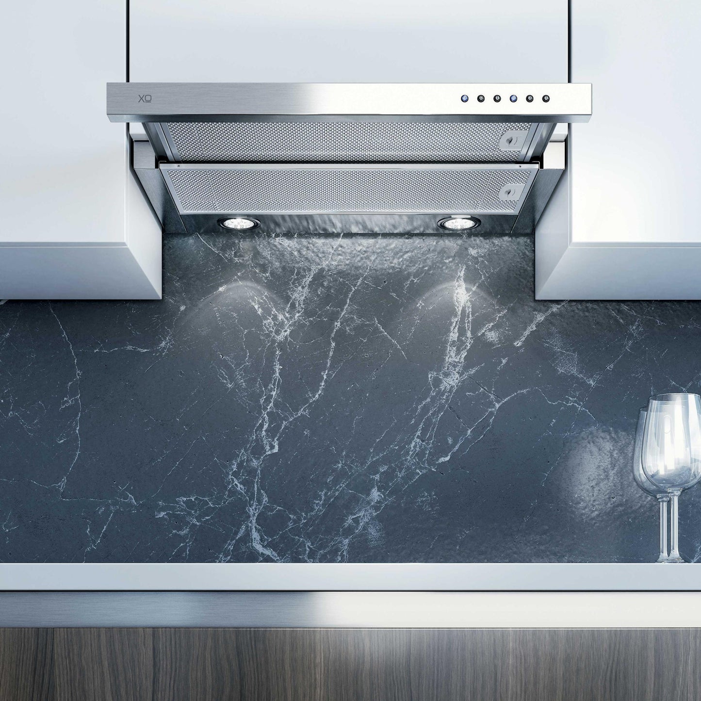 XO APPLIANCE XOC30SC 30" CCC 600/395 CFM Under Cabinet Glide Out Visor Italian Made in Stainless Steel - XOC30SC