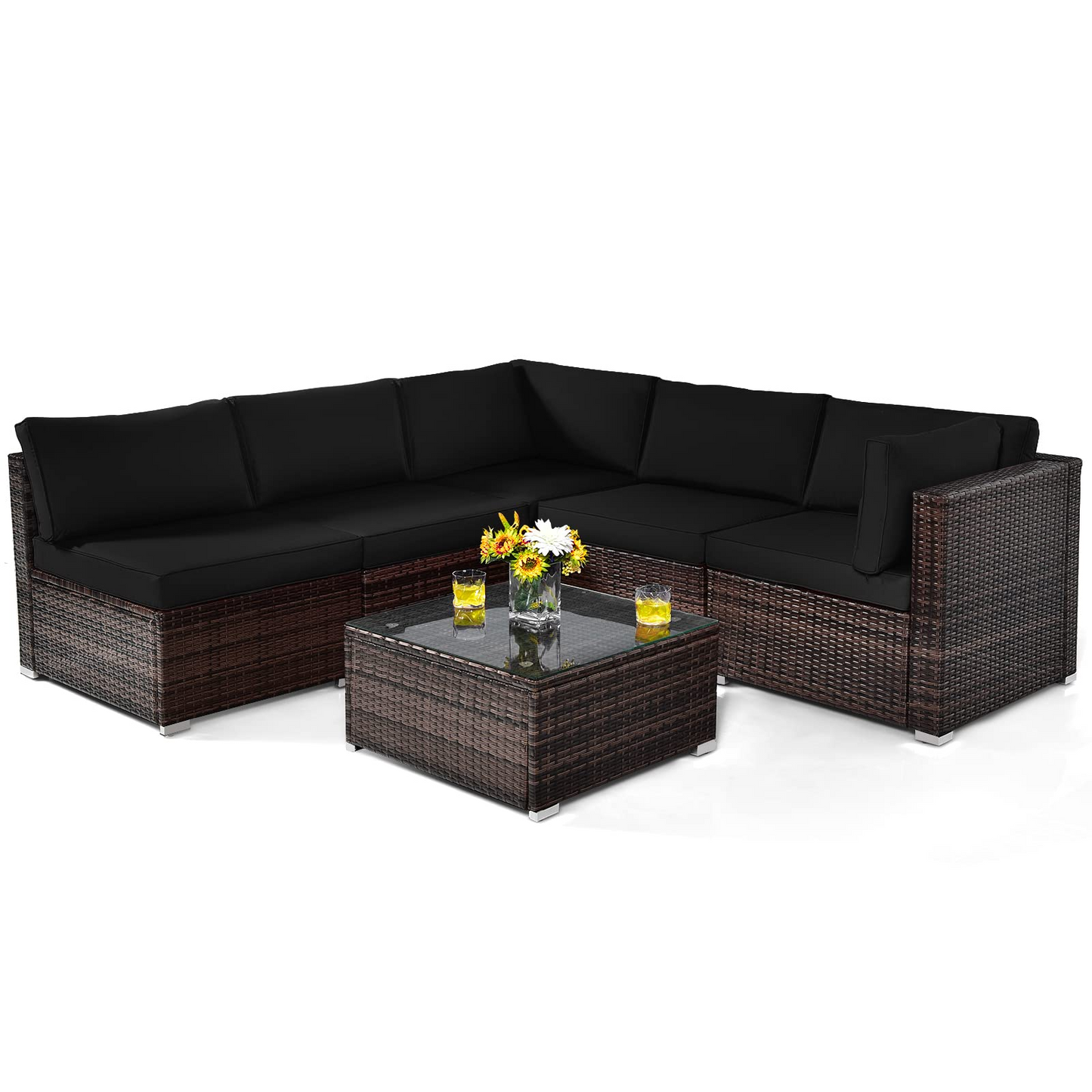 Tangkula 6 Pieces Patio Furniture Set, Outdoor Wicker Conversation Set with Glass Coffee Table - HW67937WH+