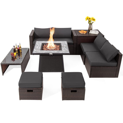 Tangkula 9 Pieces Outdoor Patio Furniture Set with 35-Inch Propane Fire Pit Table - NP10262DK+HW68592DK+