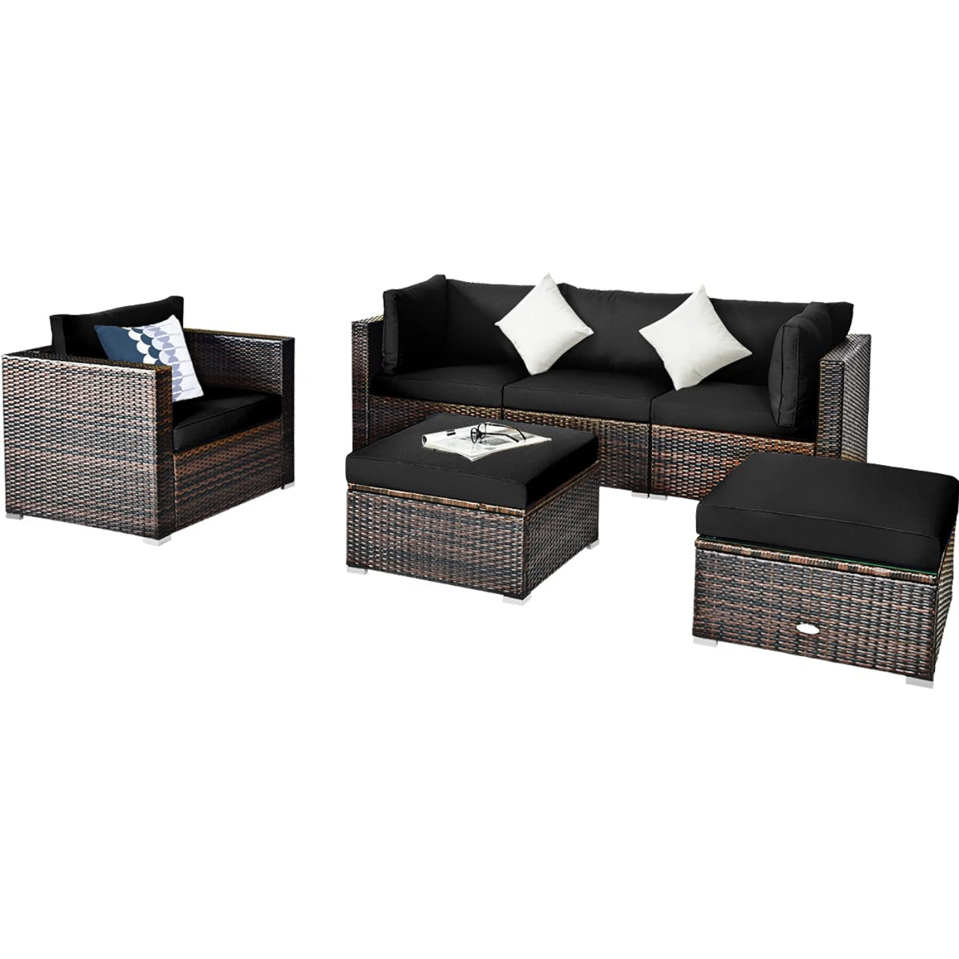 Tangkula 6 Pieces Patio Rattan Sectional Furniture Set, Outdoor Wicker Conversation Set with Glass Coffee Table Sofa Ottoman - HW63877BK+