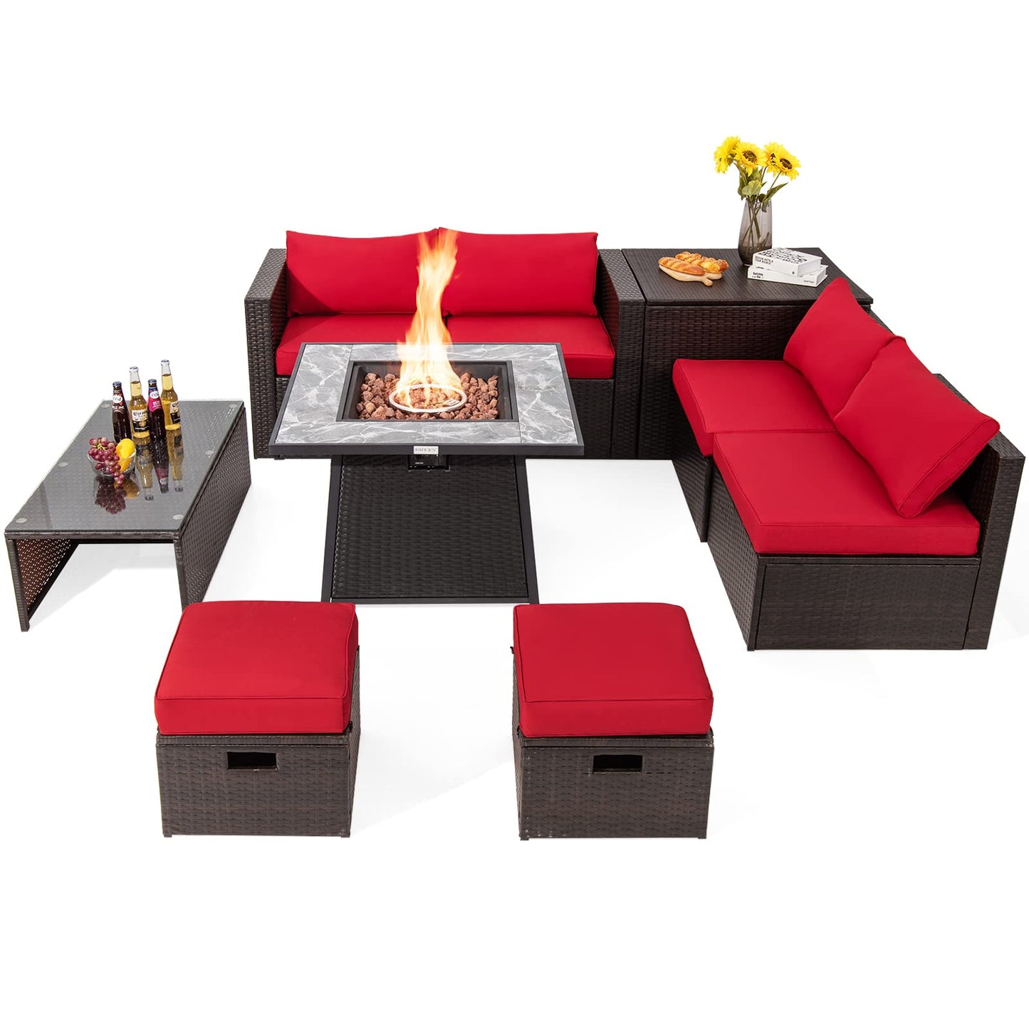 Tangkula 9 Pieces Outdoor Patio Furniture Set with 35-Inch Propane Fire Pit Table - NP10262DK+HW68592DK+