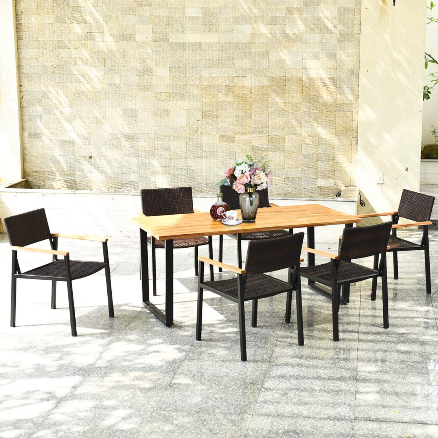 Tangkula 7 Pieces Outdoor Patio Dining Set, Patiojoy Outdoor Conversation Set - HW65219A+
