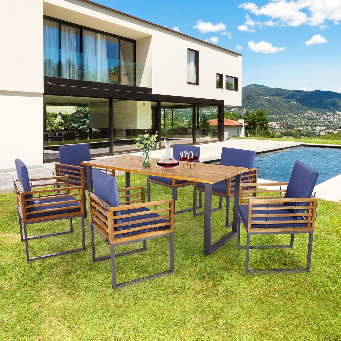 Tangkula 7 Piece Patio Dining Set, Acacia Wood Dining Chair & Table Set - HW70983NY+