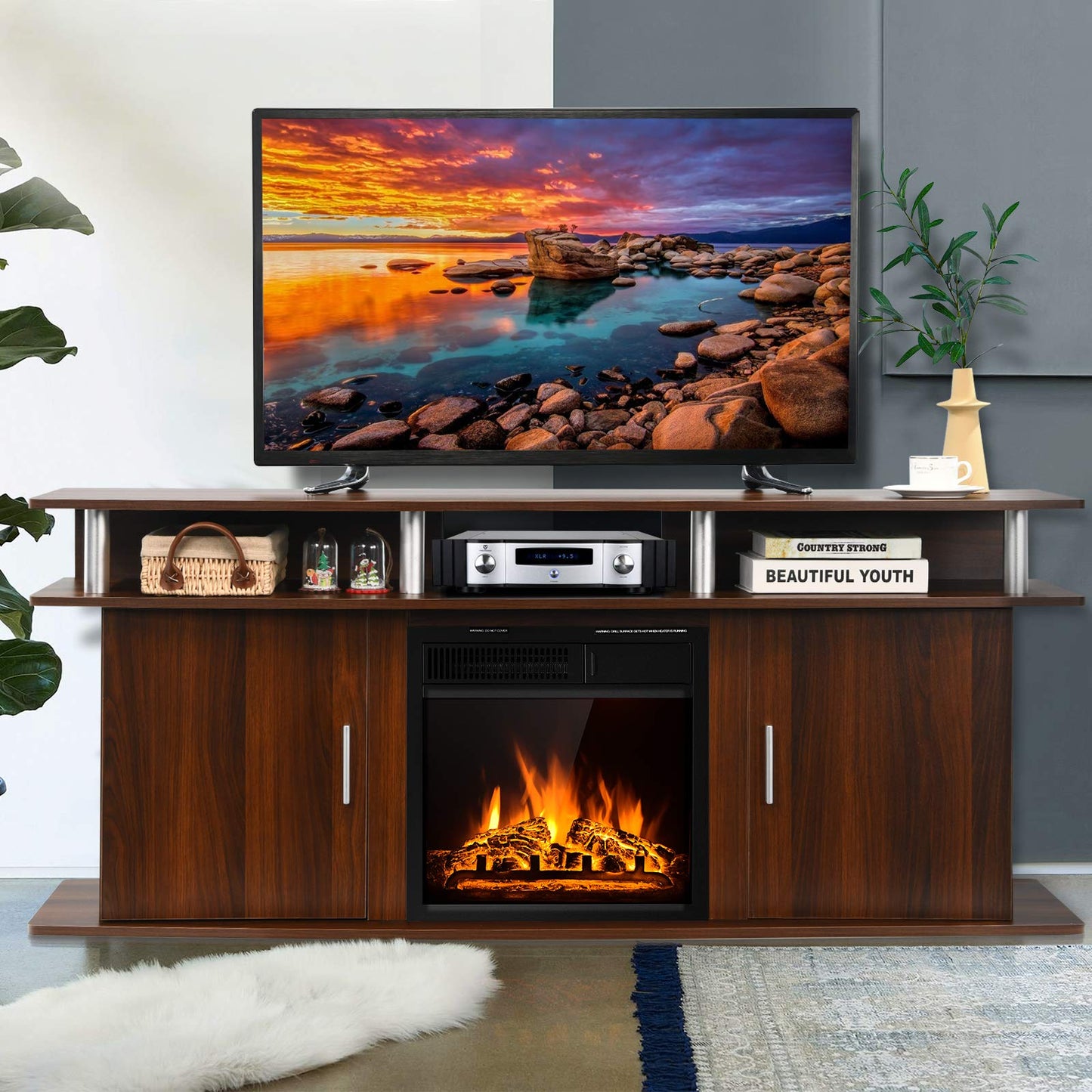 Tangkula Fireplace TV Stand, Living Room Media Console Table - HW66558CF+EP24789
