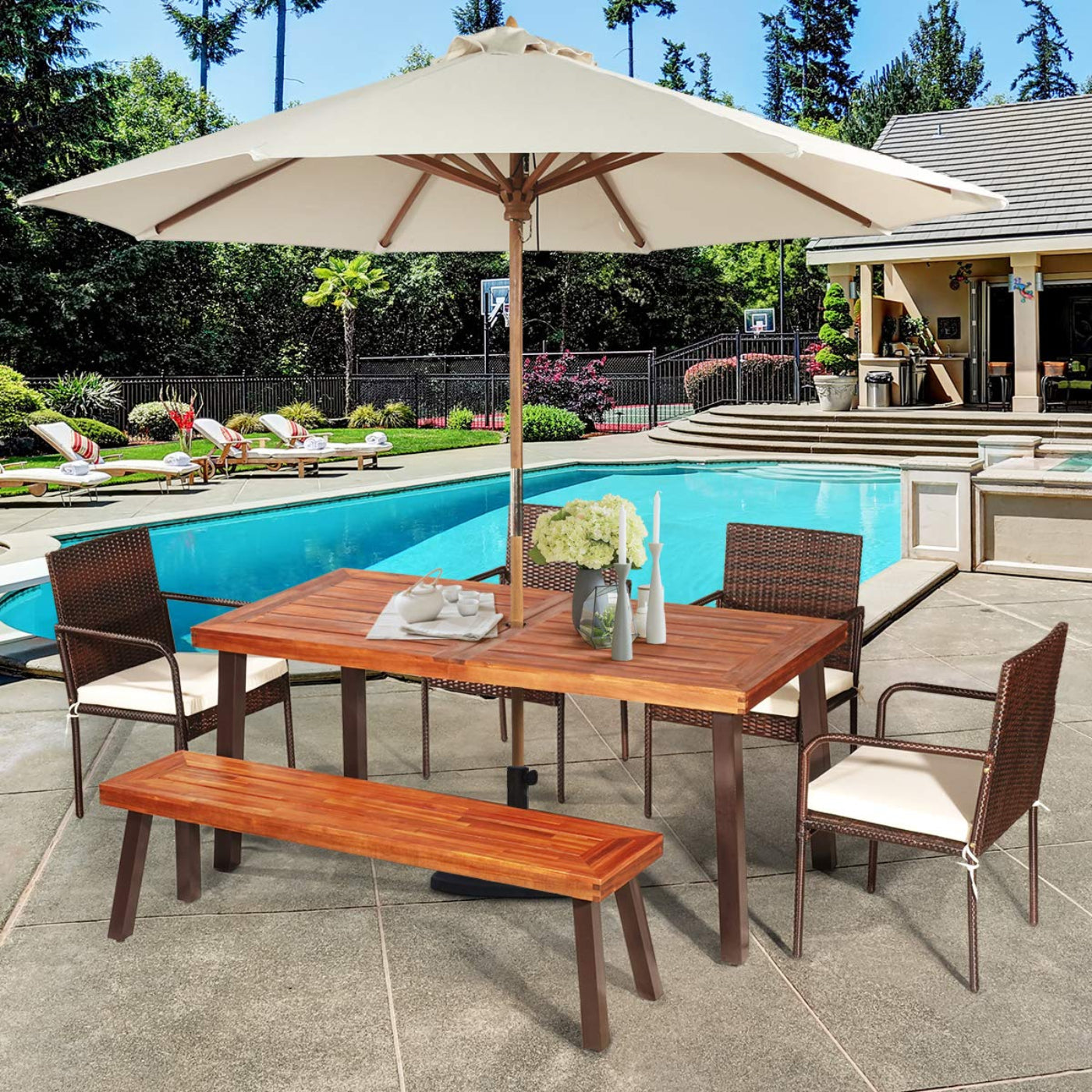 Tangkula 6-Piece Acacia Wood Patio Dining Set, Patiojoy Outdoor Wicker Furniture Set - JV10606+HW66354+HW69382