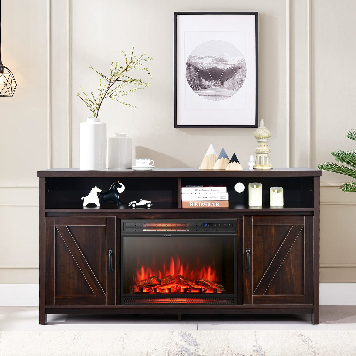 Tangkula Electric Fireplace TV Stand, 59 Inches TV Console - HV10083CF+FP10047US