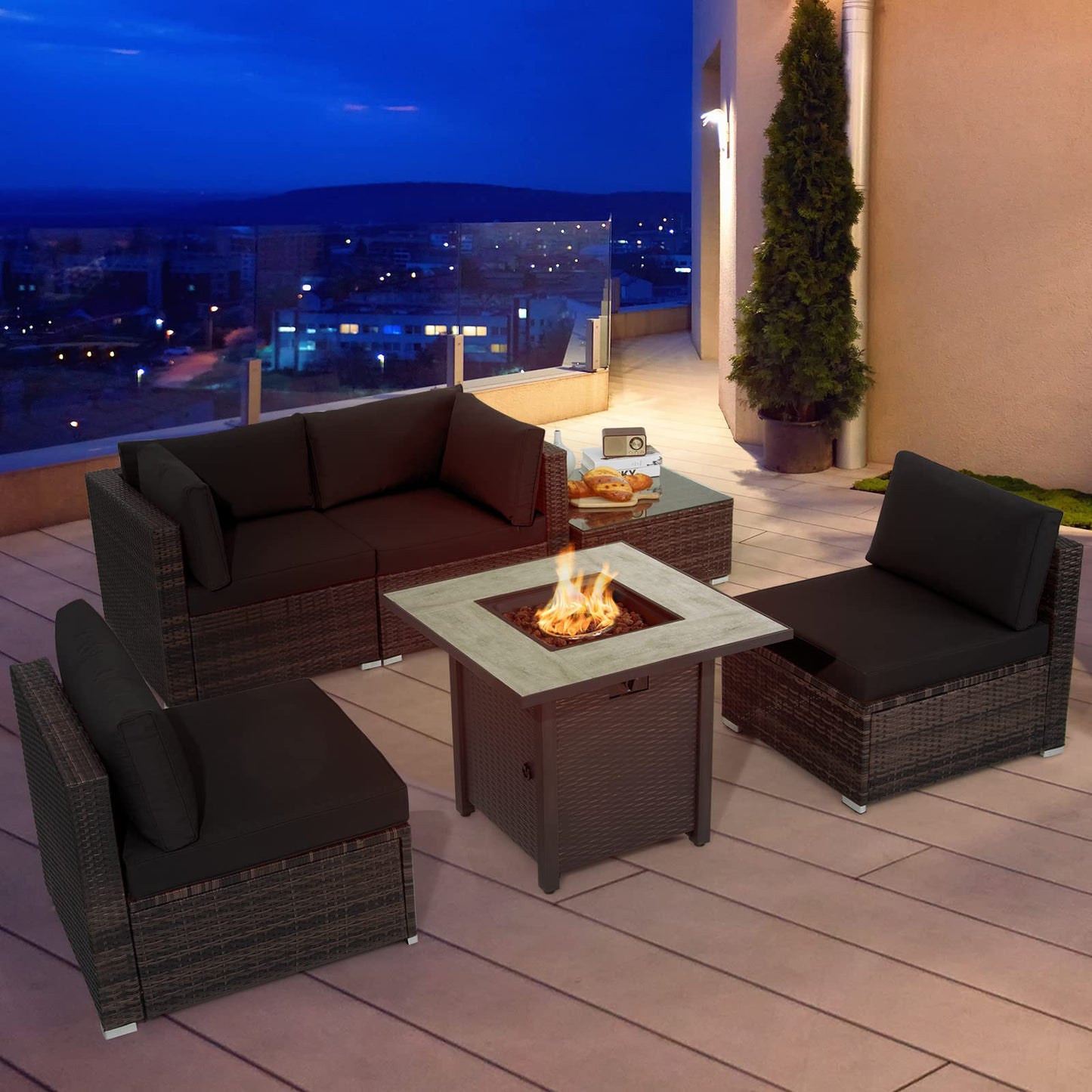 Tangkula 6 Piece Outdoor Rattan Sofa Set with 30in Propane Gas Fire Table - OP70520+HW68691ADK+