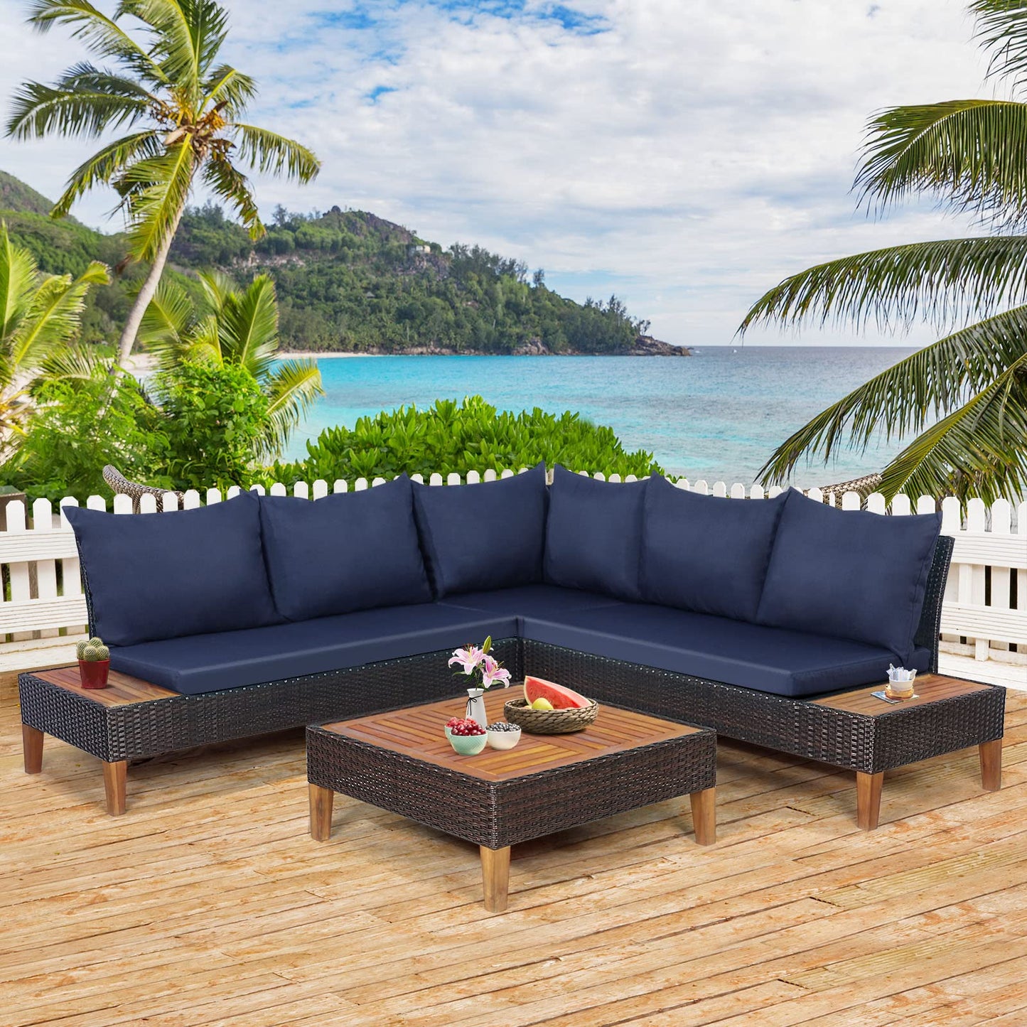 4 Pieces Acacia Wood Patio Conversation Set, Sofa Set with Coffee Table, Corner Sofa & 2 Loveseats - HW69380NY+