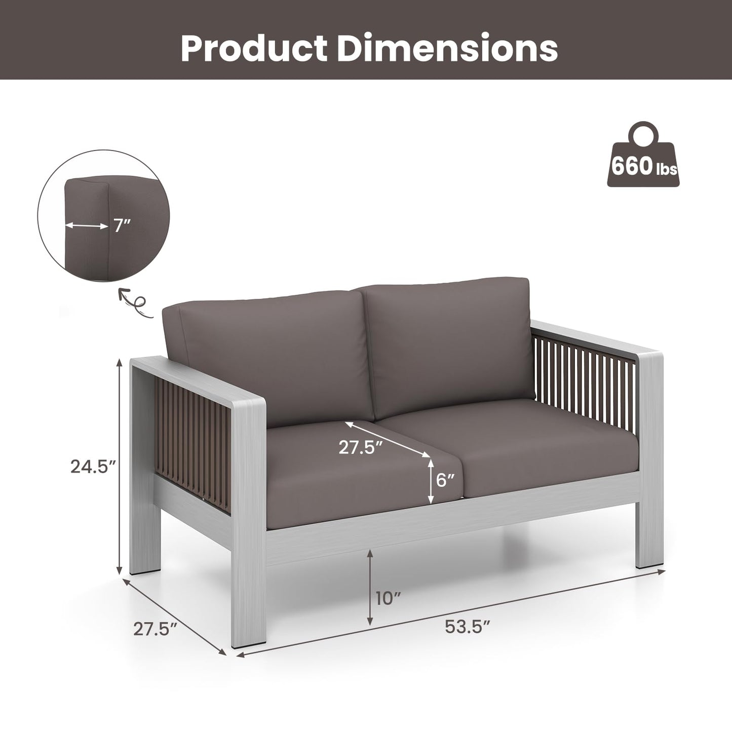 Tangkula Patio Aluminum Loveseat Sofa, Outdoor Furniture Set with Thick Back & Seat Cushions (Gray) - NP11417GR