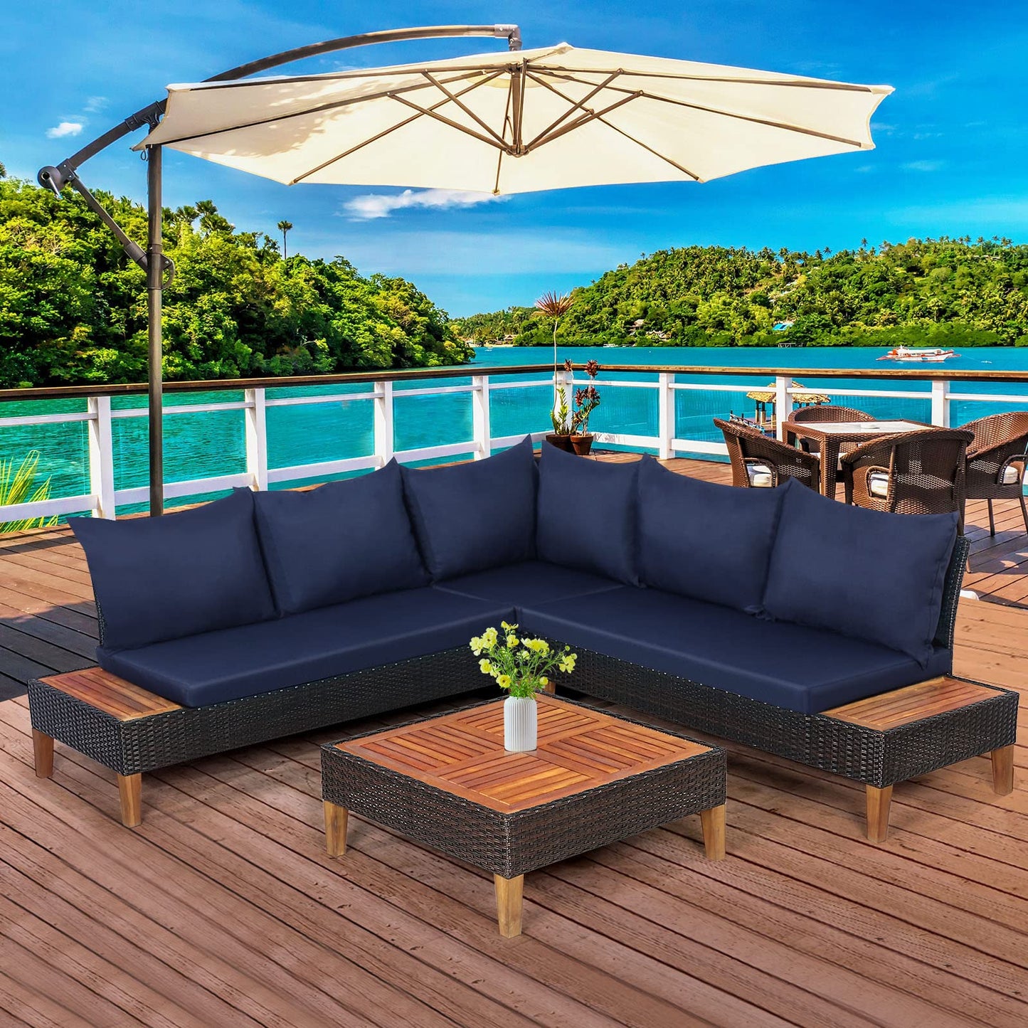 4 Pieces Acacia Wood Patio Conversation Set, Sofa Set with Coffee Table, Corner Sofa & 2 Loveseats - HW69380NY+