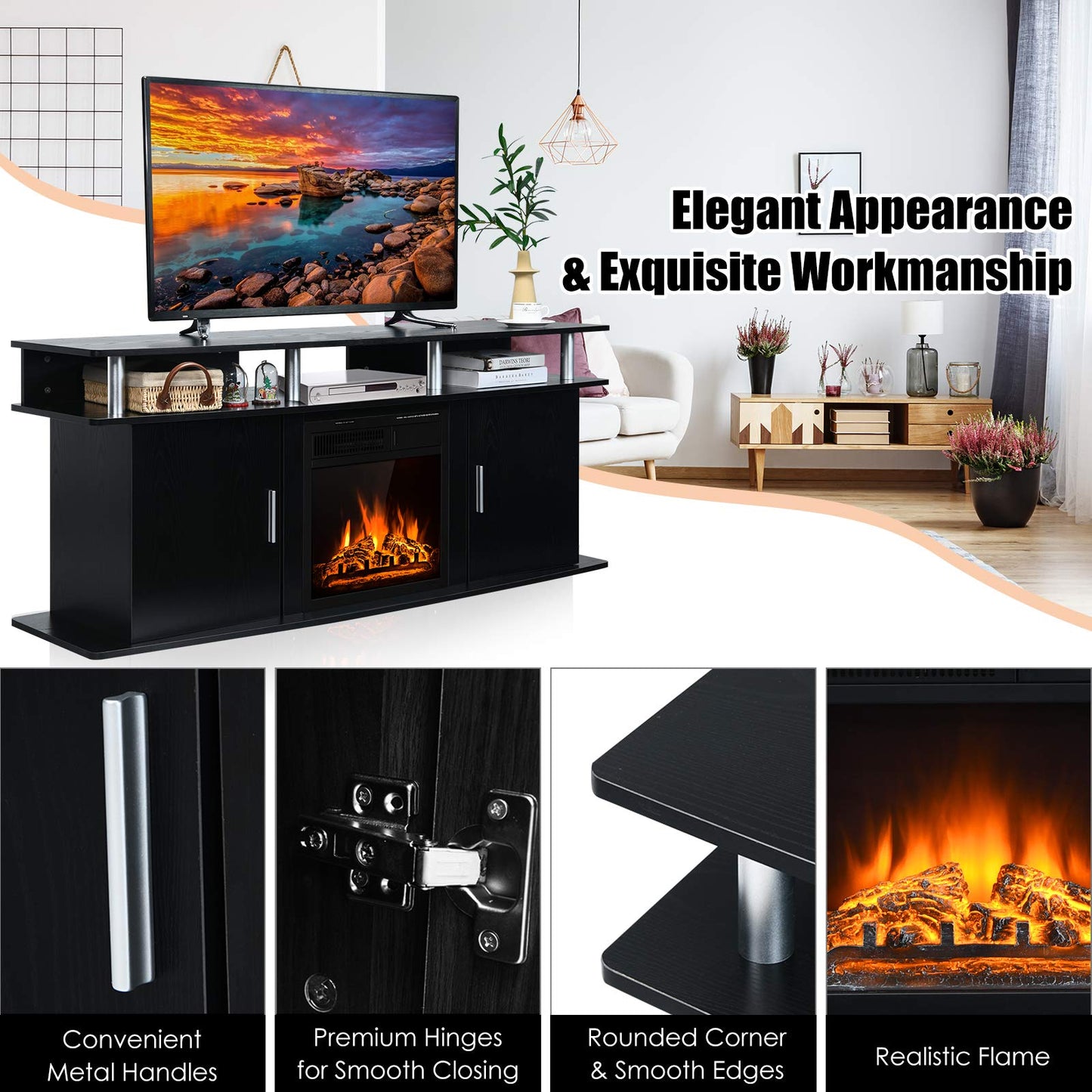 Tangkula Fireplace TV Stand, Living Room Media Console Table - HW66558CF+EP24789