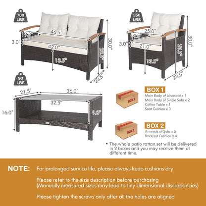 Tangkula 4 Piece Patio Rattan Conversation Set, Outdoor Wicker Sofa Set W/2-Layer Coffee Table - HW69469WH+
