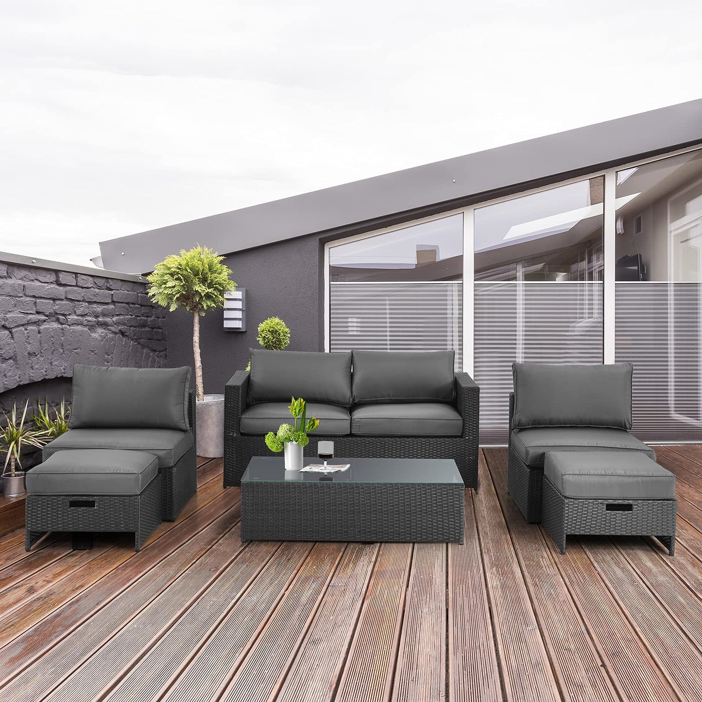 Tangkula 6 Pieces Patio Rattan Furniture Set, Patiojoy No Assembly Outdoor Conversation Set - NP10110WL-GR
