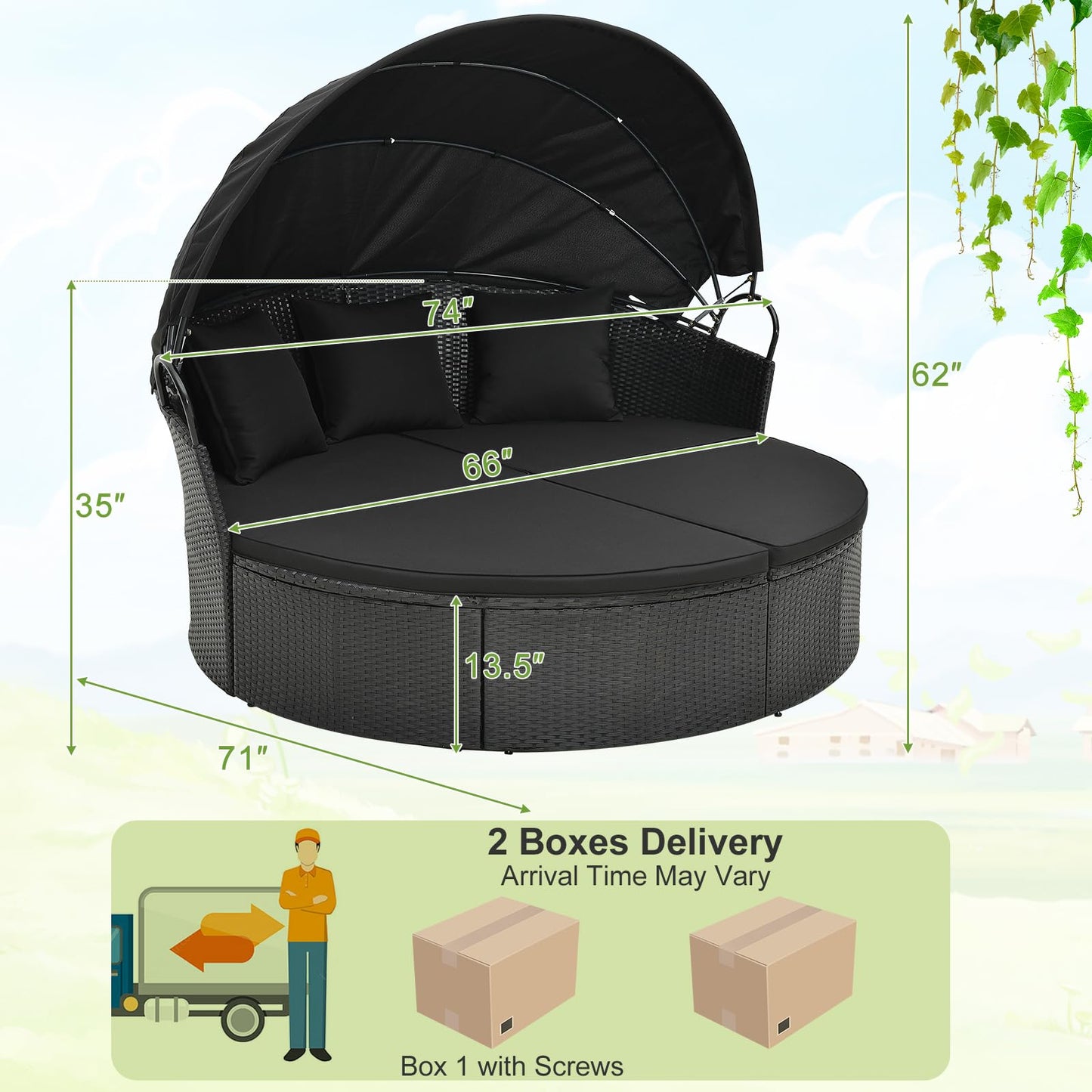 Tangkula Outdoor Patio Round Daybed with Retractable Canopy - HW71564DK+