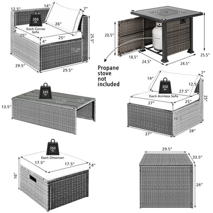 Tangkula 9 Pieces Outdoor Patio Furniture Set with 32-Inch Propane Fire Pit Table - NP10618GR+HW68604DK+