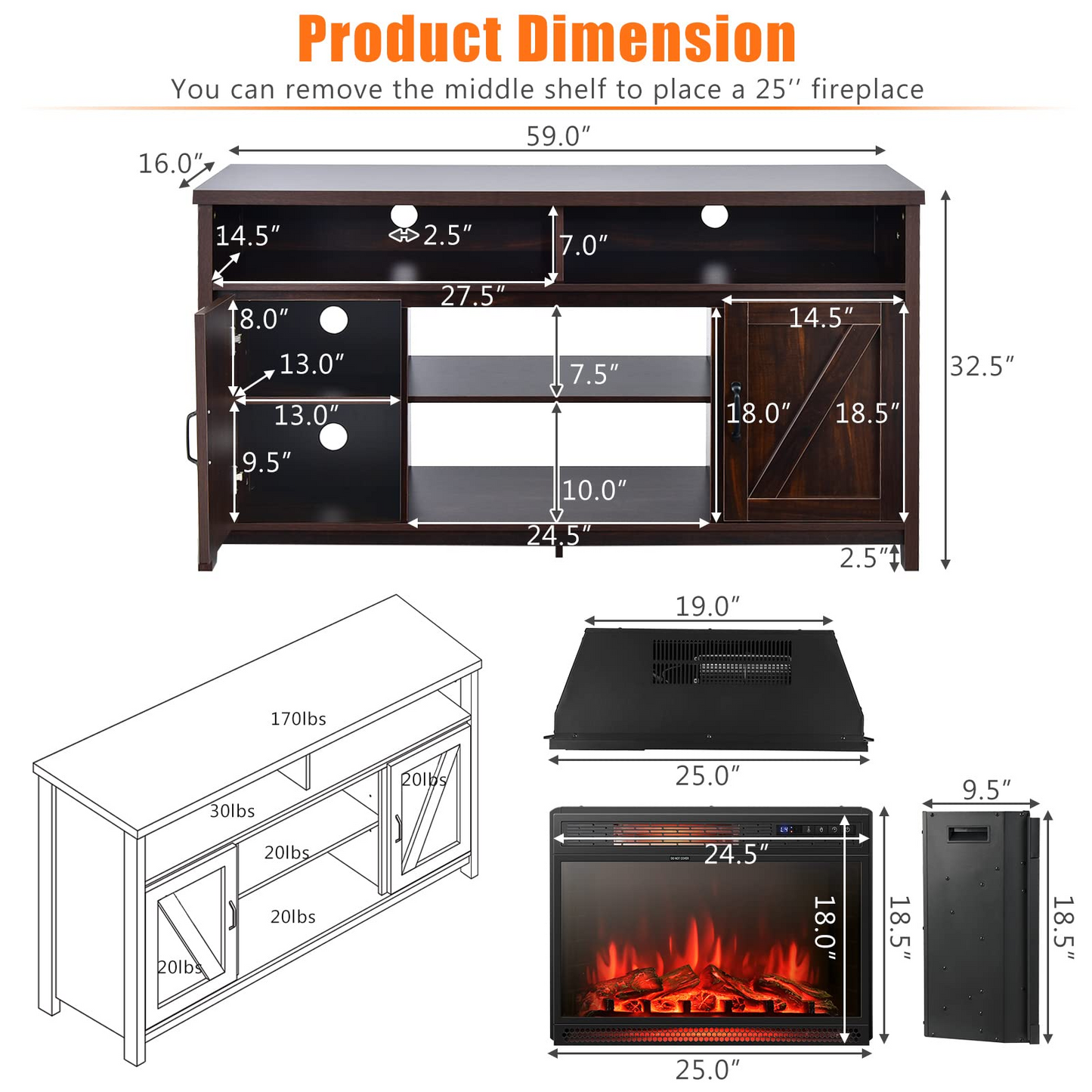 Tangkula Electric Fireplace TV Stand, 59 Inches TV Console - HV10083CF+FP10047US