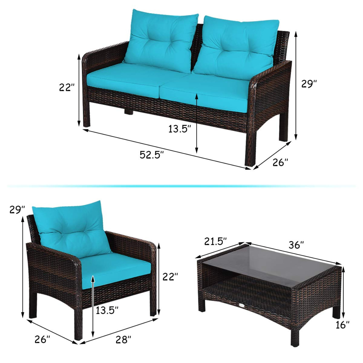 Tangkula 4 Piece Patio Furniture Set, Outdoor Wicker Conversation Set with Glass Top Coffee Table - HW68637BTU+
