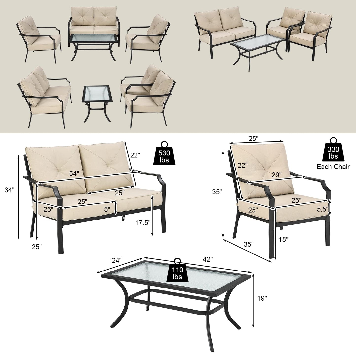 Tangkula 4 Pieces Outdoor Furniture Set, Patio Conversation Set with Cushions and Steel Frame - NP10083BE+NP10084WL-BE