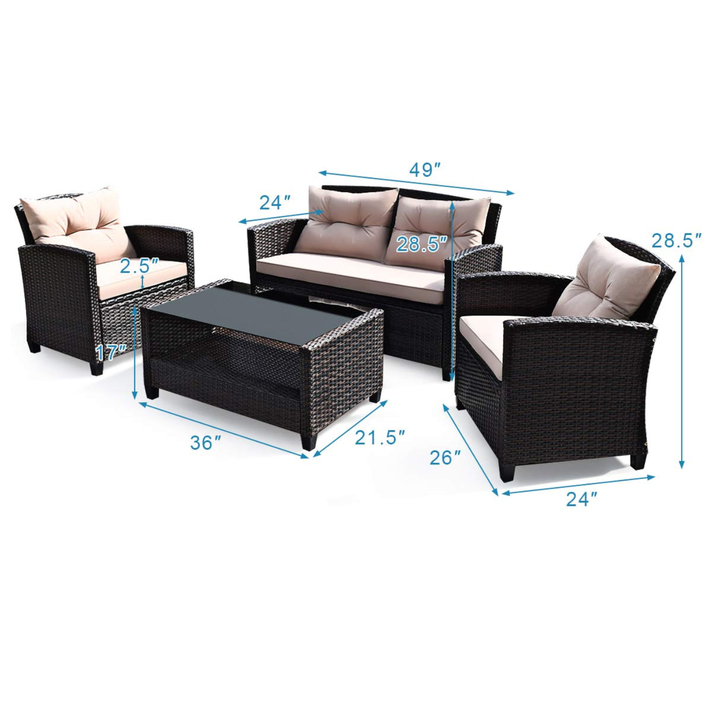 Tangkula 4-Piece Patio Furniture Set, Rattan Wicker Chair Set with 1 Loveseat, 2 Single Sofas - HW63217+