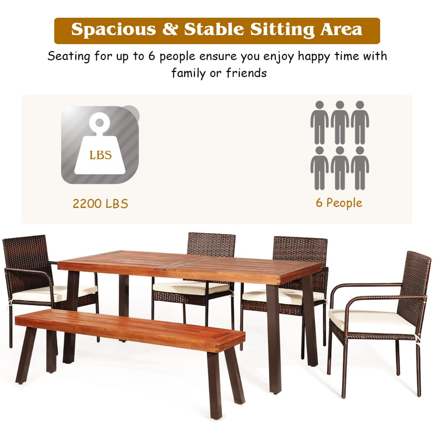 Tangkula 6-Piece Acacia Wood Patio Dining Set, Patiojoy Outdoor Wicker Furniture Set - JV10606+HW66354+HW69382