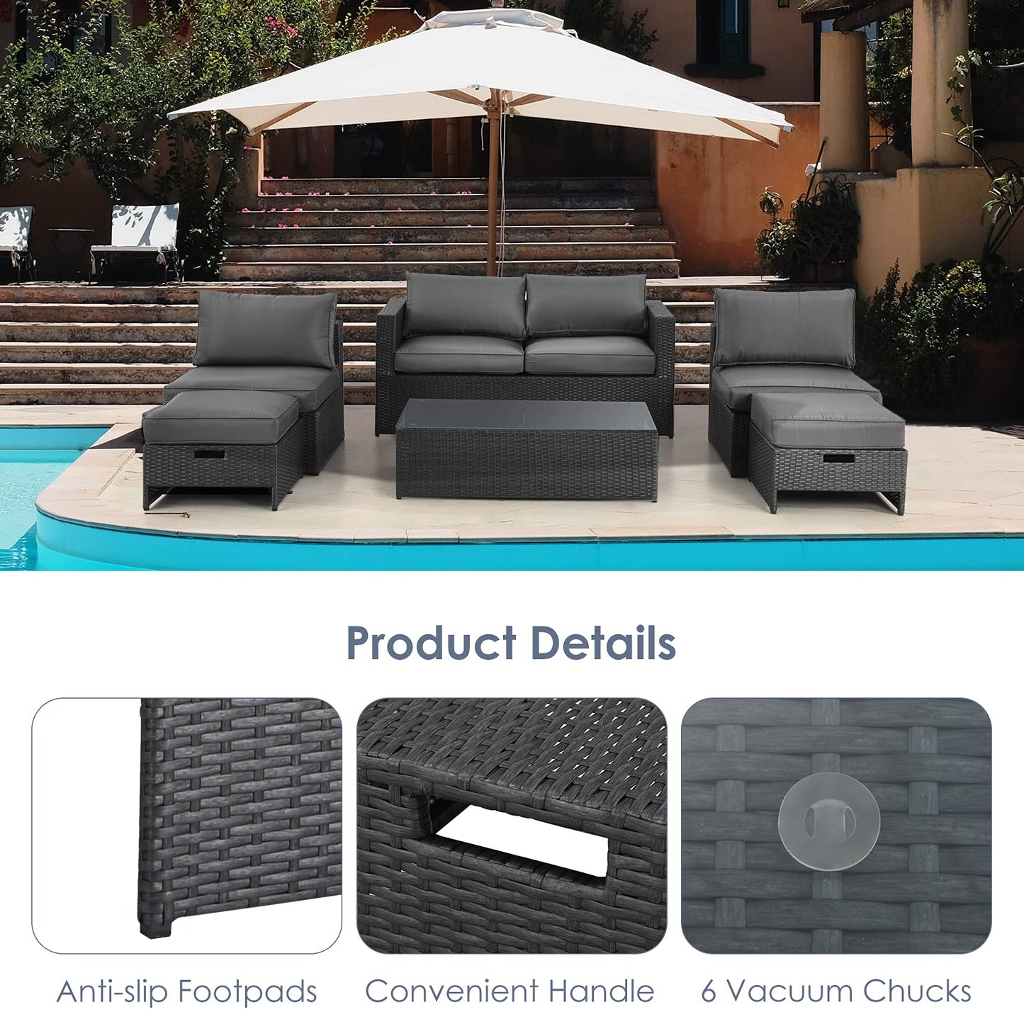 Tangkula 6 Pieces Patio Rattan Furniture Set, Patiojoy No Assembly Outdoor Conversation Set - NP10110WL-GR