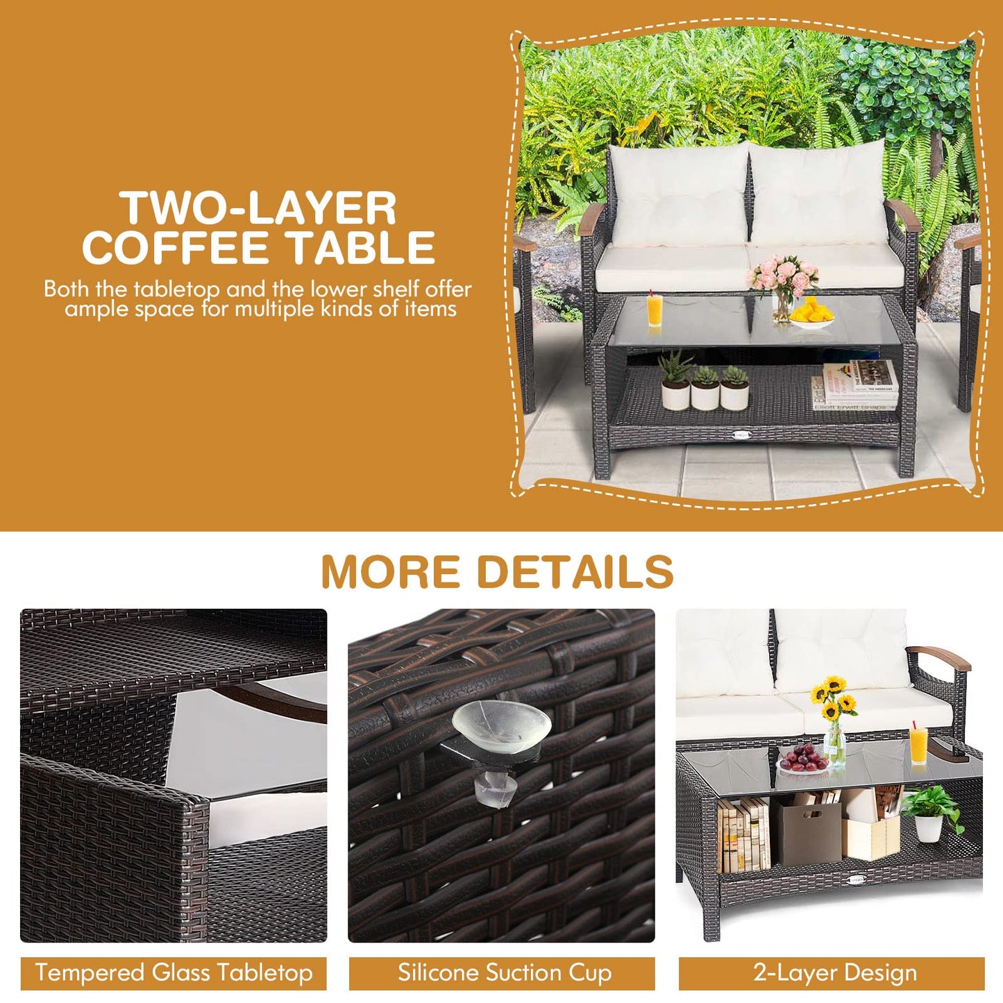 Tangkula 4 Piece Patio Rattan Conversation Set, Outdoor Wicker Sofa Set W/2-Layer Coffee Table - HW69469WH+