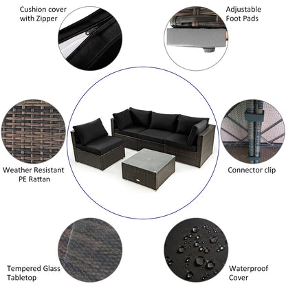 Tangkula 6 Piece Outdoor Rattan Sofa Set with 30in Propane Gas Fire Table - OP70520+HW68691ADK+