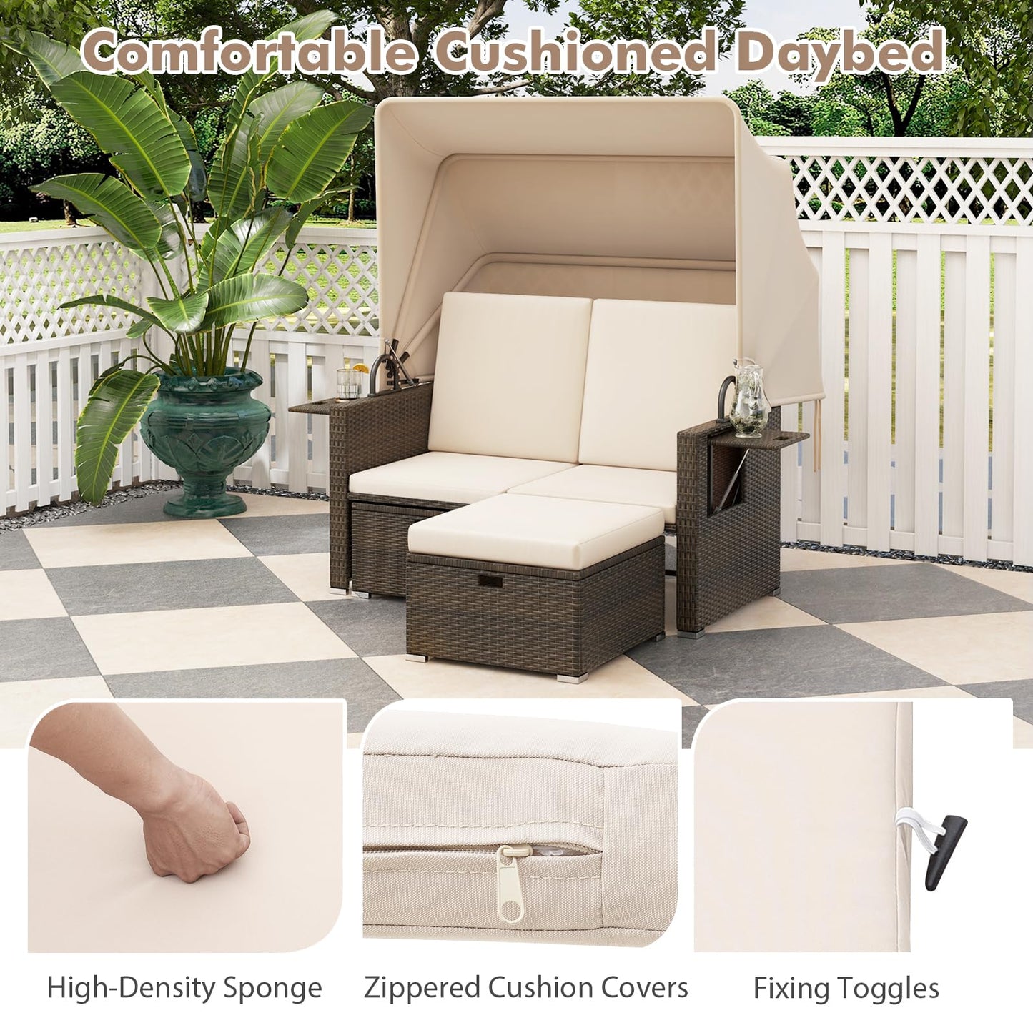 Tangkula Outdoor Patio Rattan Daybed w/Retractable Canopy & Adjustable Backrests - HW72573BN+