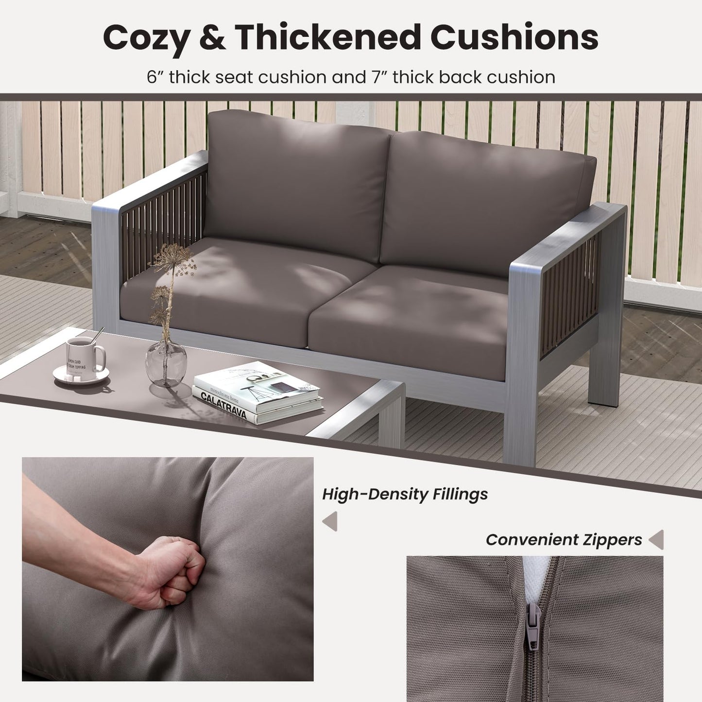 Tangkula Patio Aluminum Loveseat Sofa, Outdoor Furniture Set with Thick Back & Seat Cushions (Gray) - NP11417GR