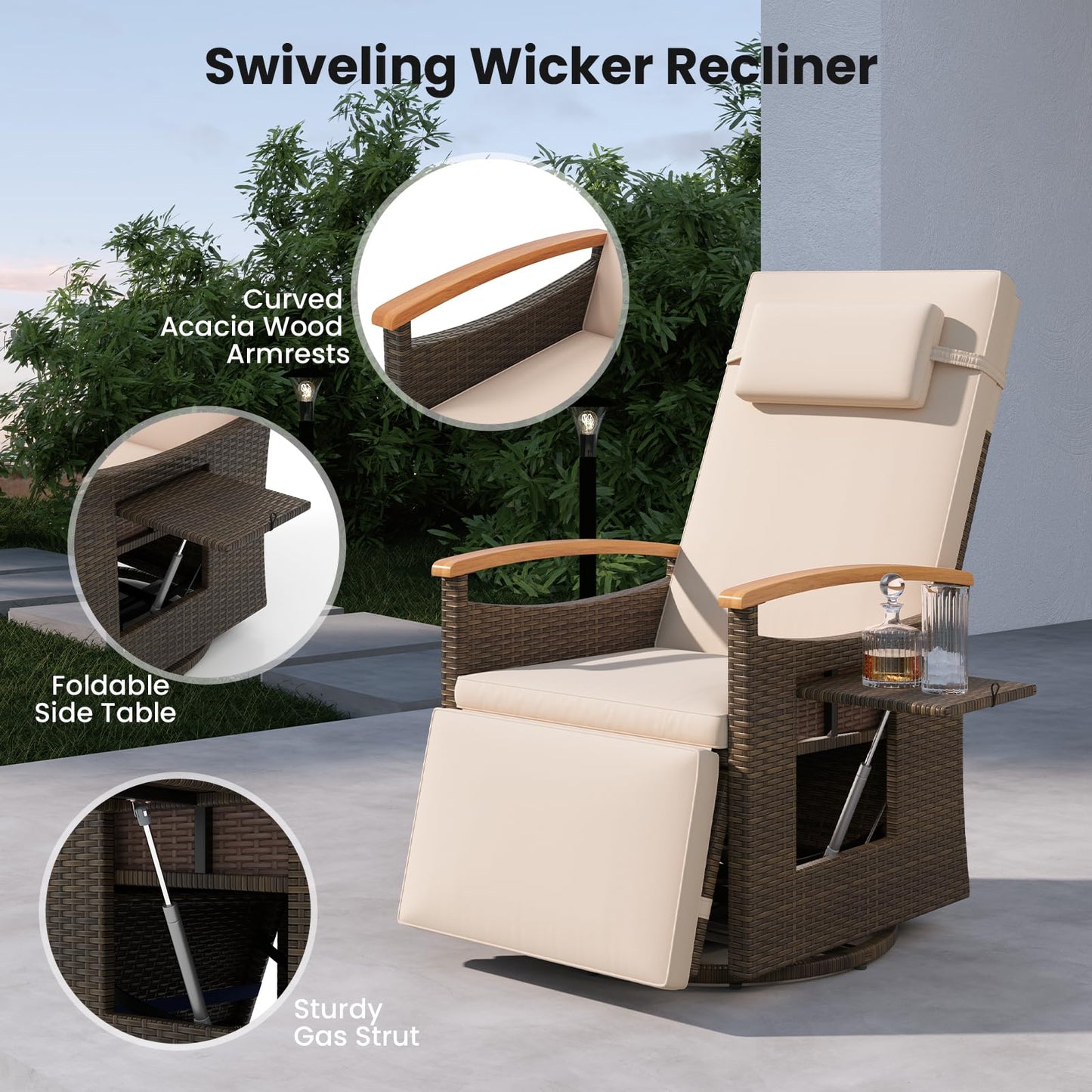 Tangkula Patio Rattan 360 Degree Swivel Recliner Chair, Wicker Lounge Chair w/Adjustable Backrest & Footrest - 2*HW72726BN