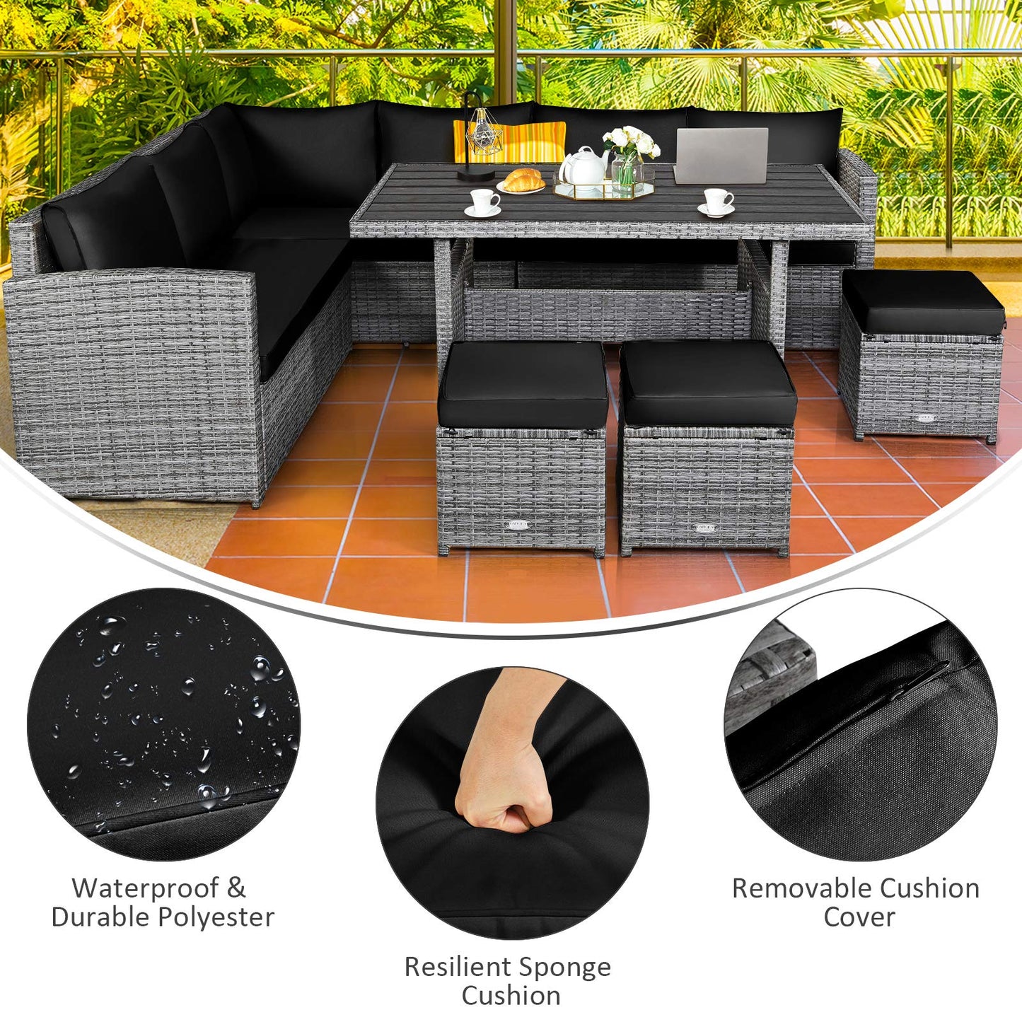 Tangkula 7 Pieces Patio Furniture Set, Outdoor Sectional Rattan Sofa Set with Cushions - HW67190BK+