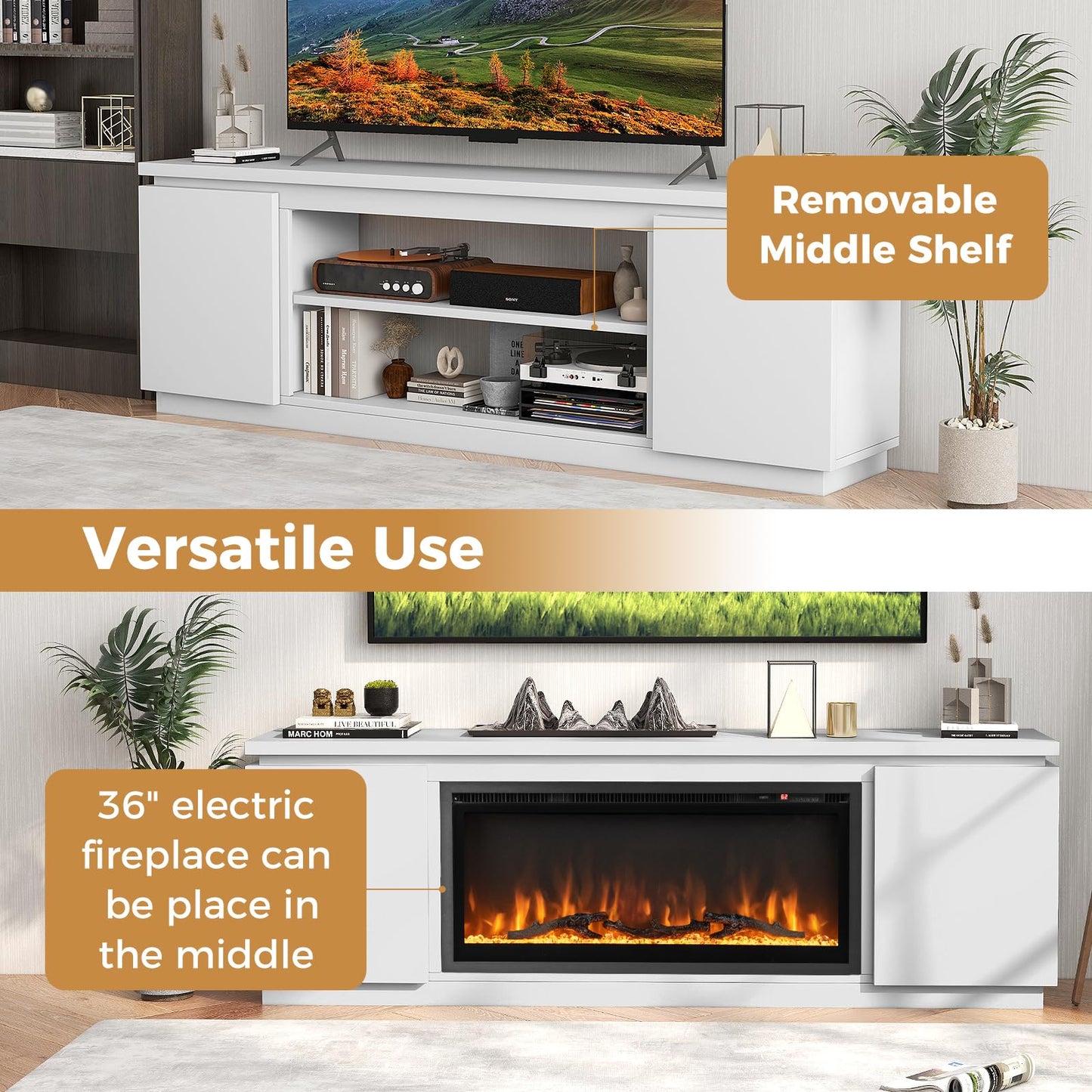 Tangkula Fireplace TV Stand for TVs up to 80" - FP10530US-36+HV10611WH+