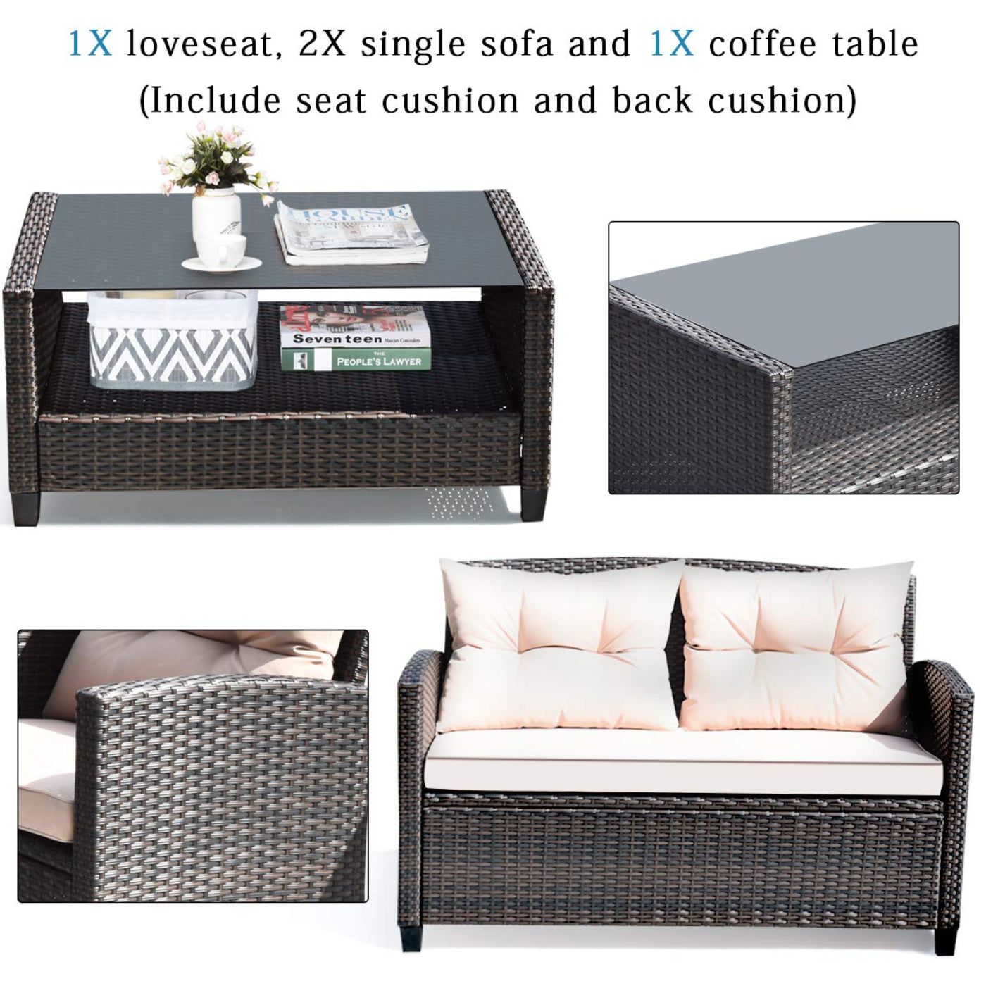Tangkula 4-Piece Patio Furniture Set, Rattan Wicker Chair Set with 1 Loveseat, 2 Single Sofas - HW63217+
