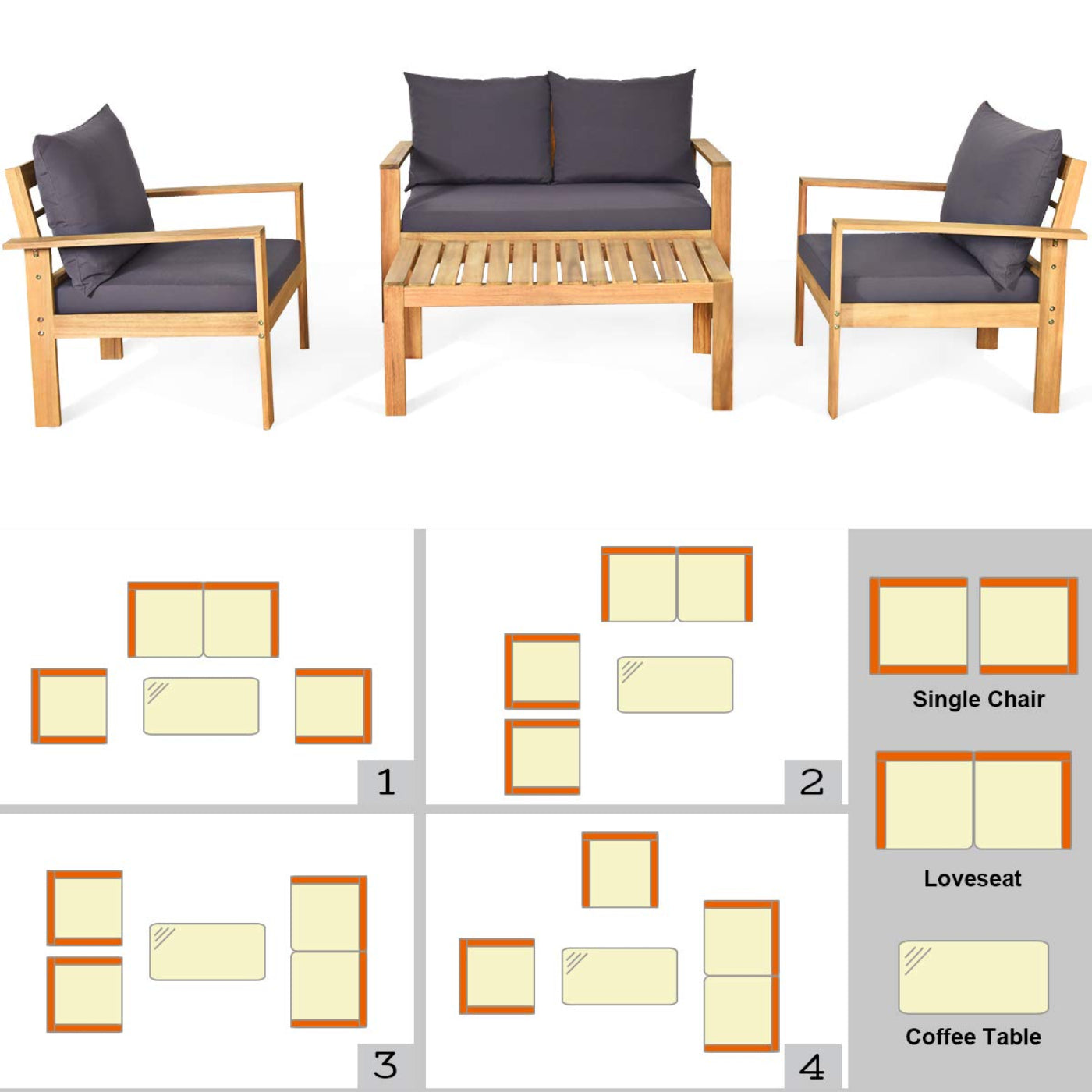 Tangkula Outdoor Conversation Sofa and Table Set with Water Resistant Cushions - HW64146+