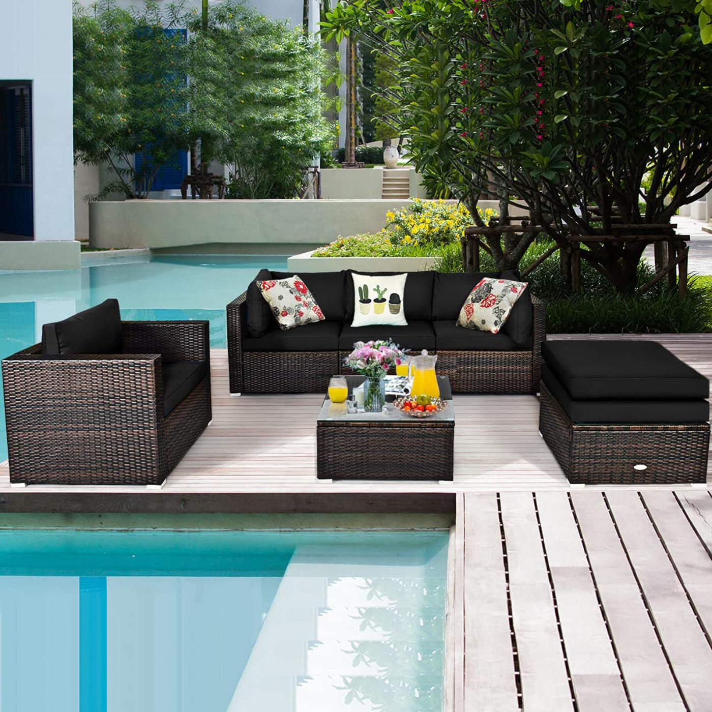 Tangkula 6 Pieces Patio Rattan Sectional Furniture Set, Outdoor Wicker Conversation Set with Glass Coffee Table Sofa Ottoman - HW63877BK+