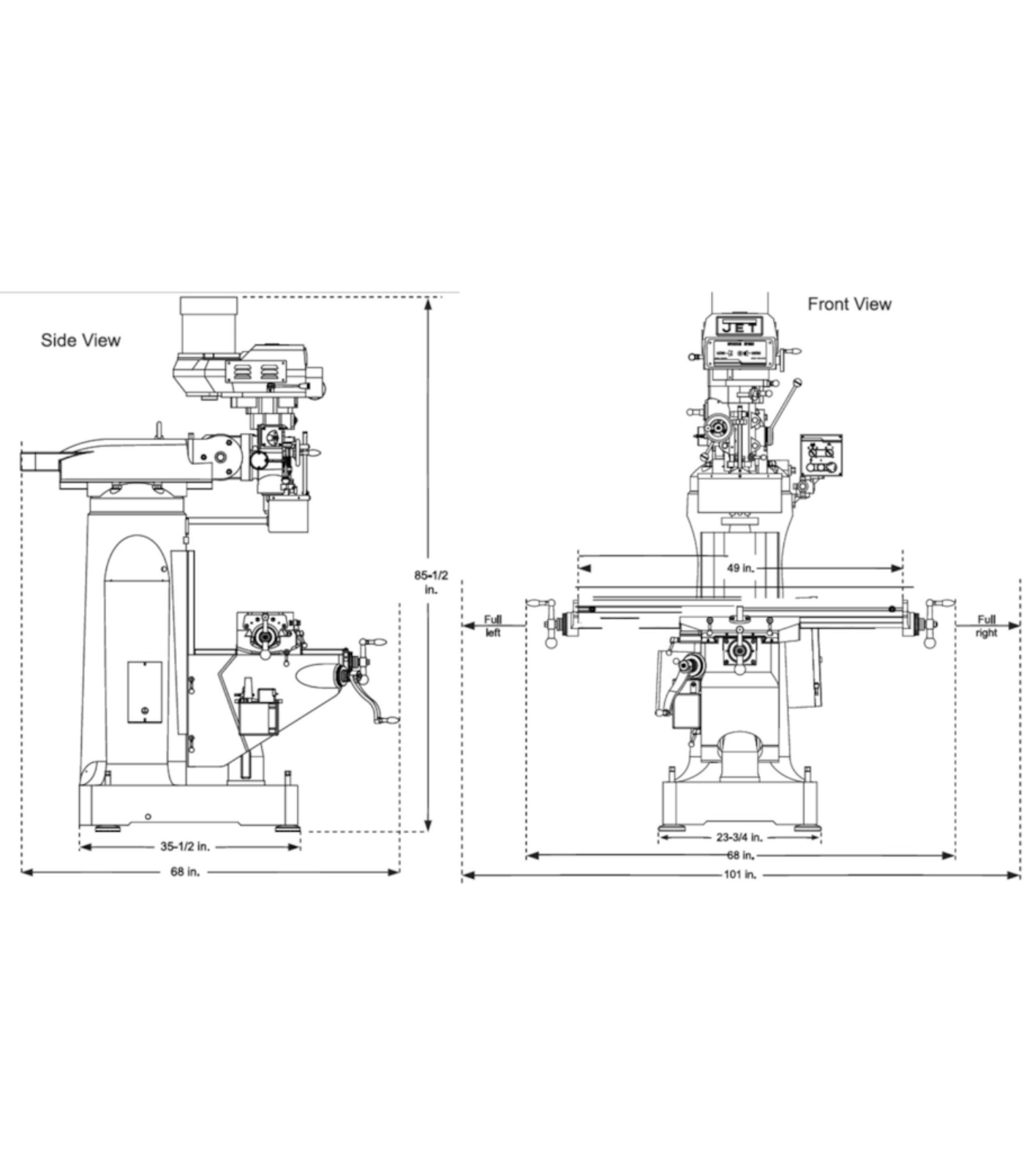JET Elite ETM-949 Mill with 2-Axis ACU-RITE 203 DRO and X, Y-Axis JET Powerfeeds - JT9-894112