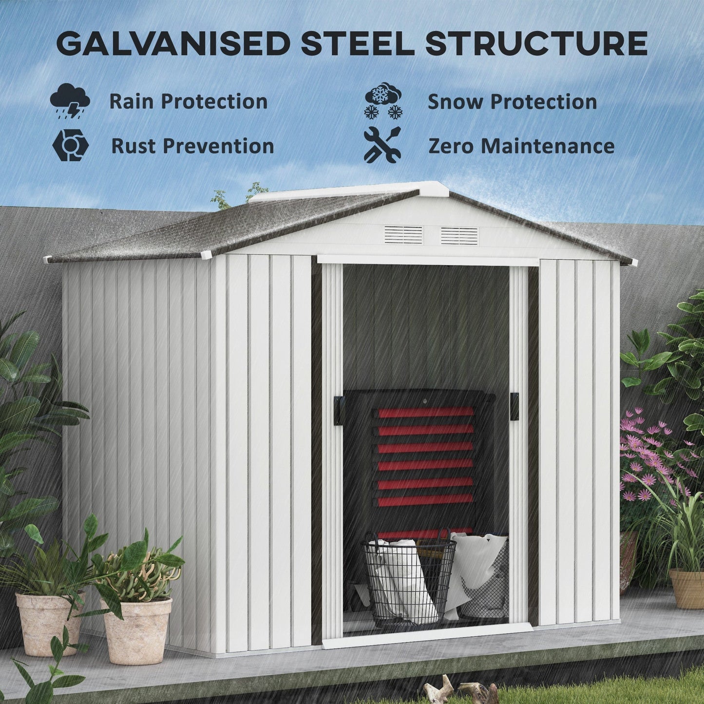 Outsunny EverBase 7' x 4' Outdoor Storage Shed with Foundation Kit, Double Lockable Door & Air Vents, White - 845-030WT