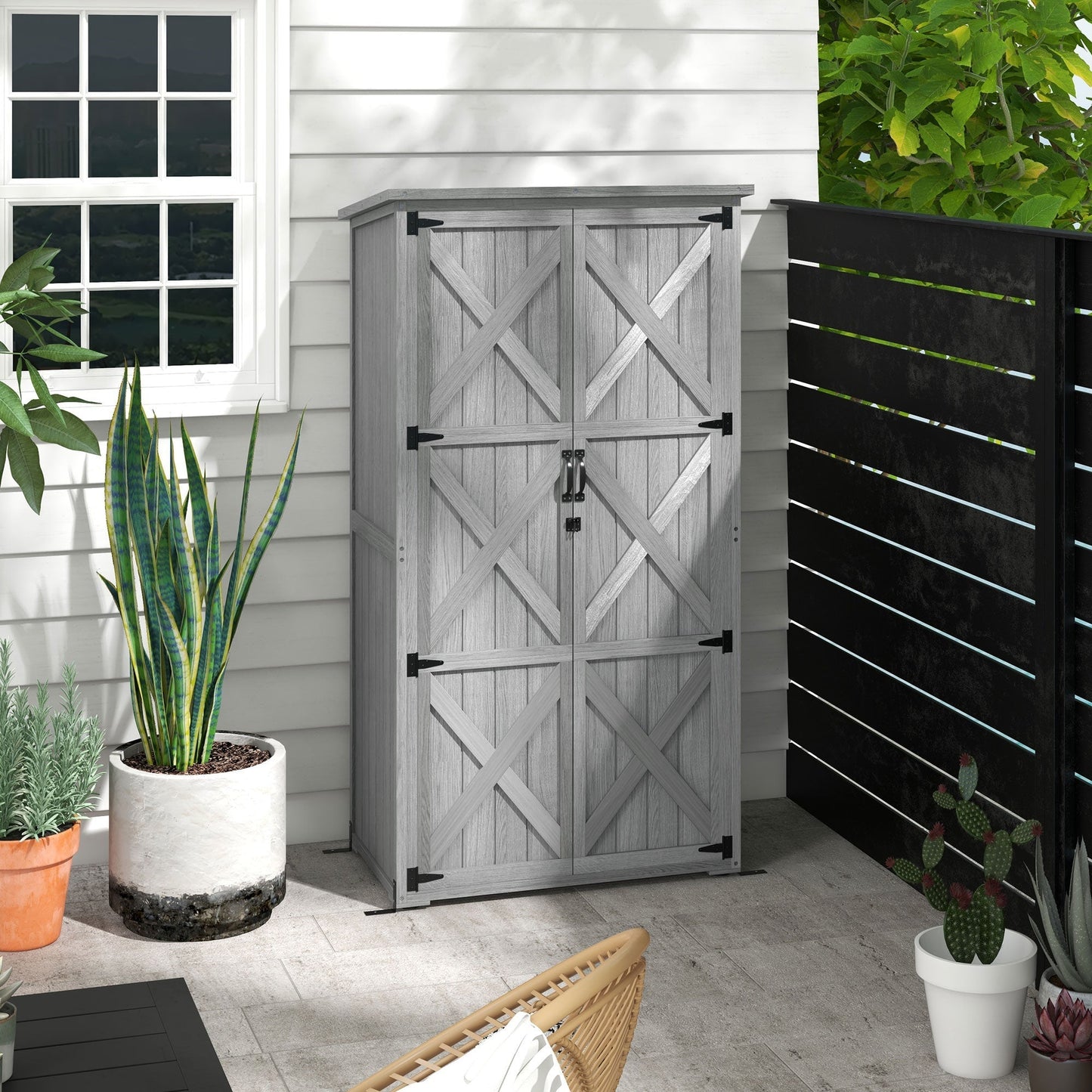 Outsunny Vertical Wood Storage Cabinet with Waterproof Asphalt Roof & Lockable Doors, Gray - 84H-078V00GY