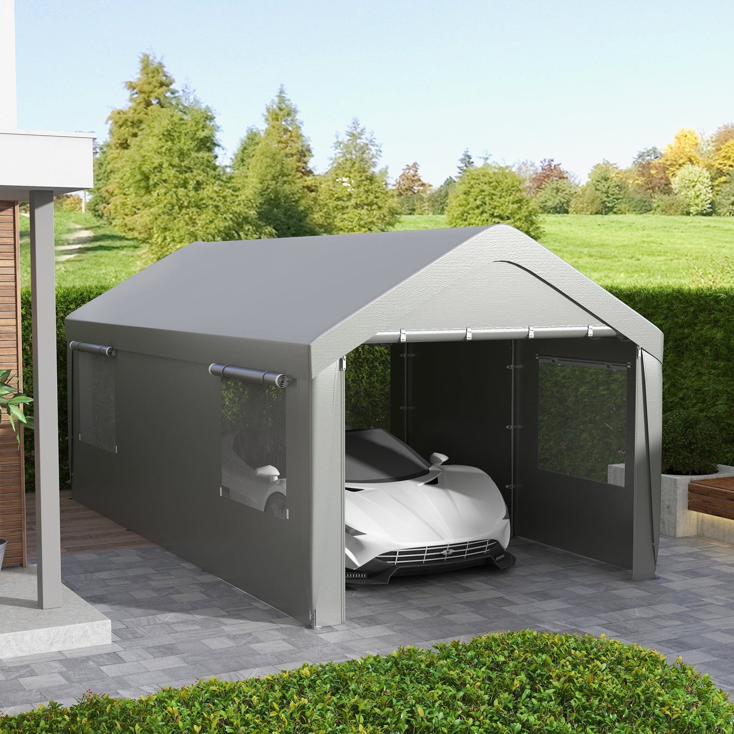 Outsunny 10' x 20' Heavy Duty Portable Garage with 4 Mesh Windows & 2 Doors, Gray - 84C-523V00GY