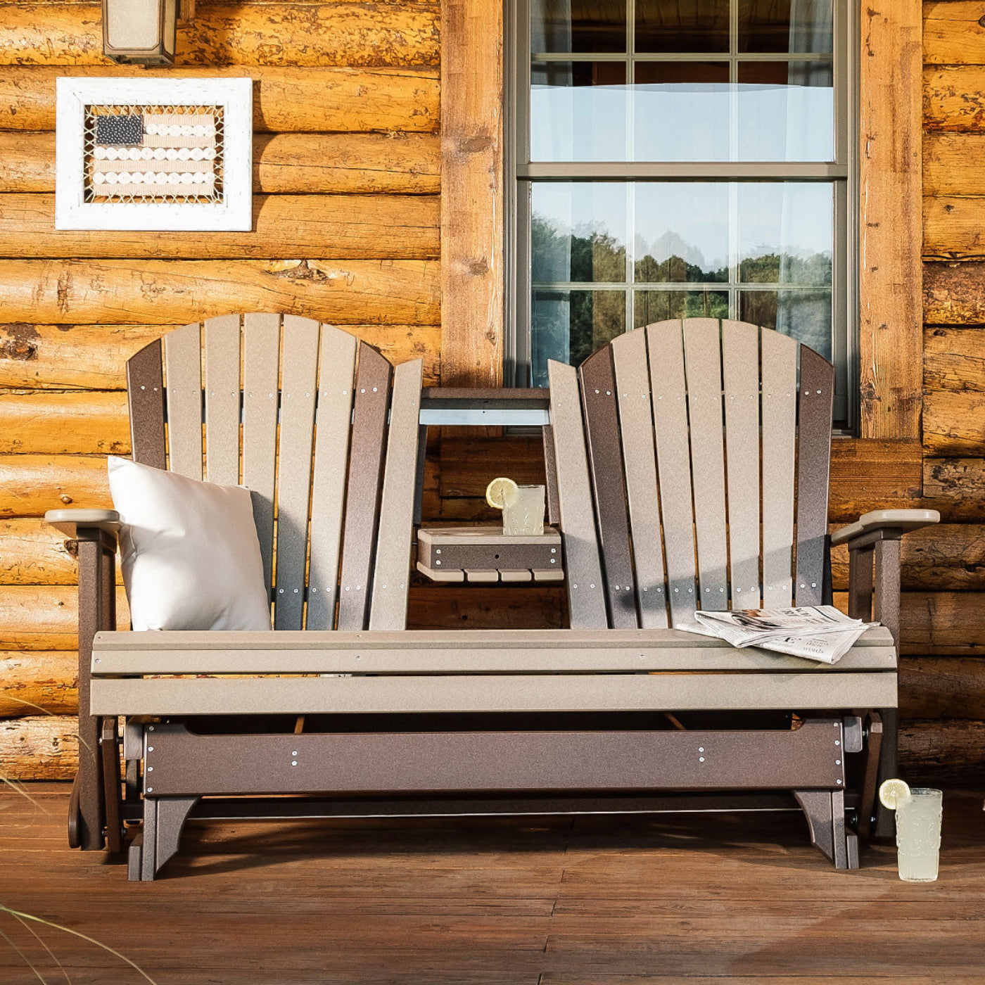 LuxCraft 5' Adirondack Poly Glider Chair With Fold Down Console - 5APGABB