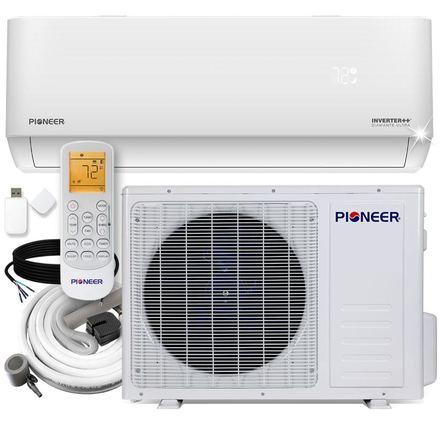 Pioneer Diamante Ultra 12,000 BTU 23 SEER2 Ductless Mini-Split Inverter++ Energy-Star Wi-Fi Air Conditioner Heat Pump Full Set 230V with 16 Ft. Kit - WYT012GLFI22RL