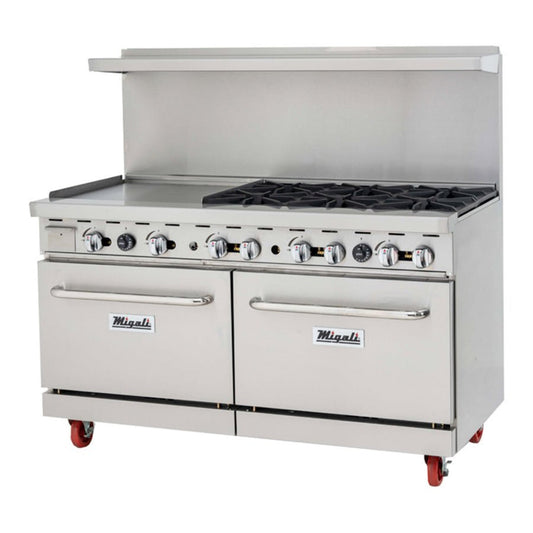 Migali C-RO6B-24GL-NG 60" Natural Gas 6 Burner Range with 2 Ovens with 24" Griddle - 294,000 BTU - C-RO6B-24GL-NG