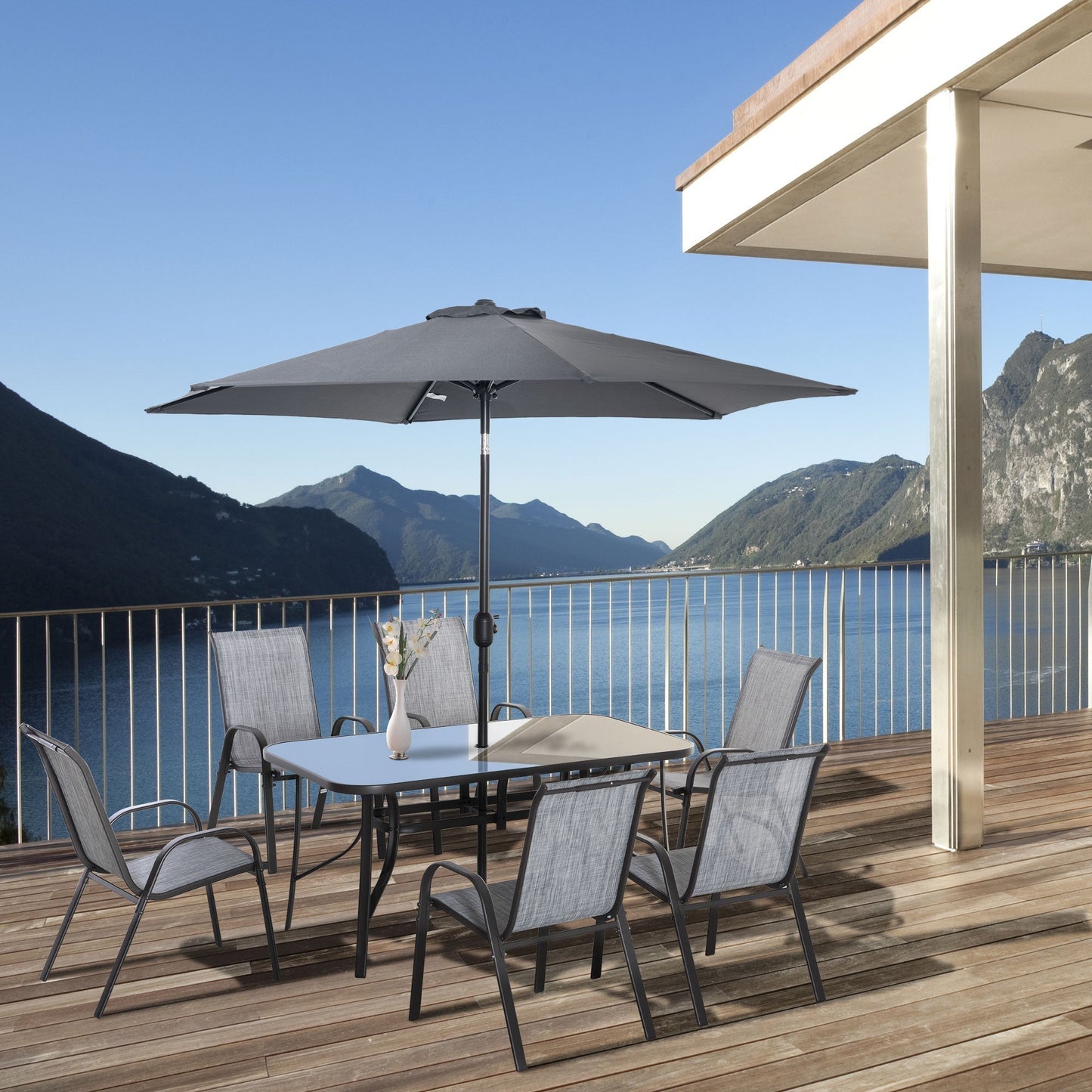 Outsunny 8 Pieces Patio Table and Chairs Set with 9 Ft Patio Umbrella, Gray - 84B-921CG