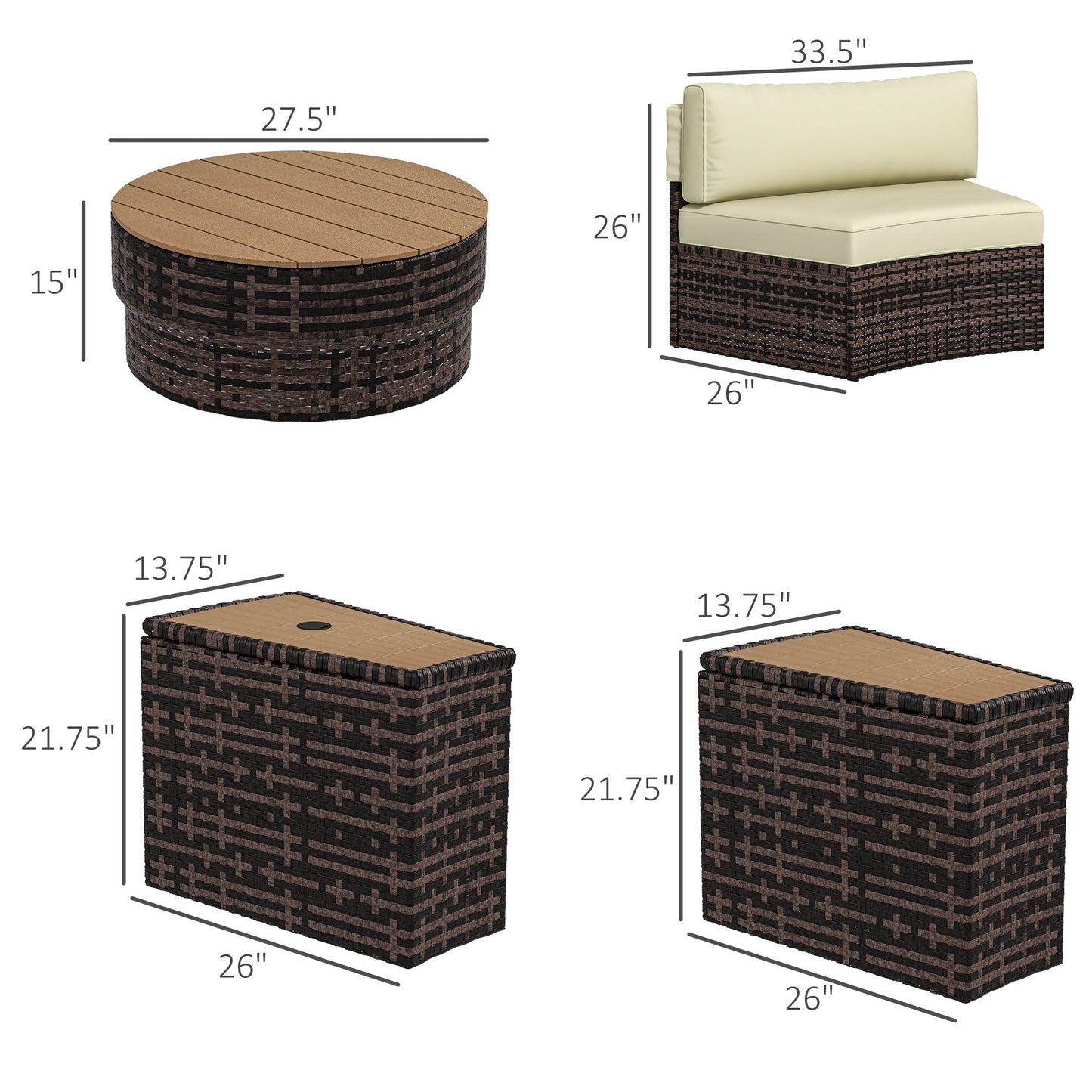 Outsunny 8PC Outdoor Conversation Set w/ 4 Rattan Sofa Chairs, 4 Tables & Umbrella Hole, Mixed Brown - 860-310V00MB