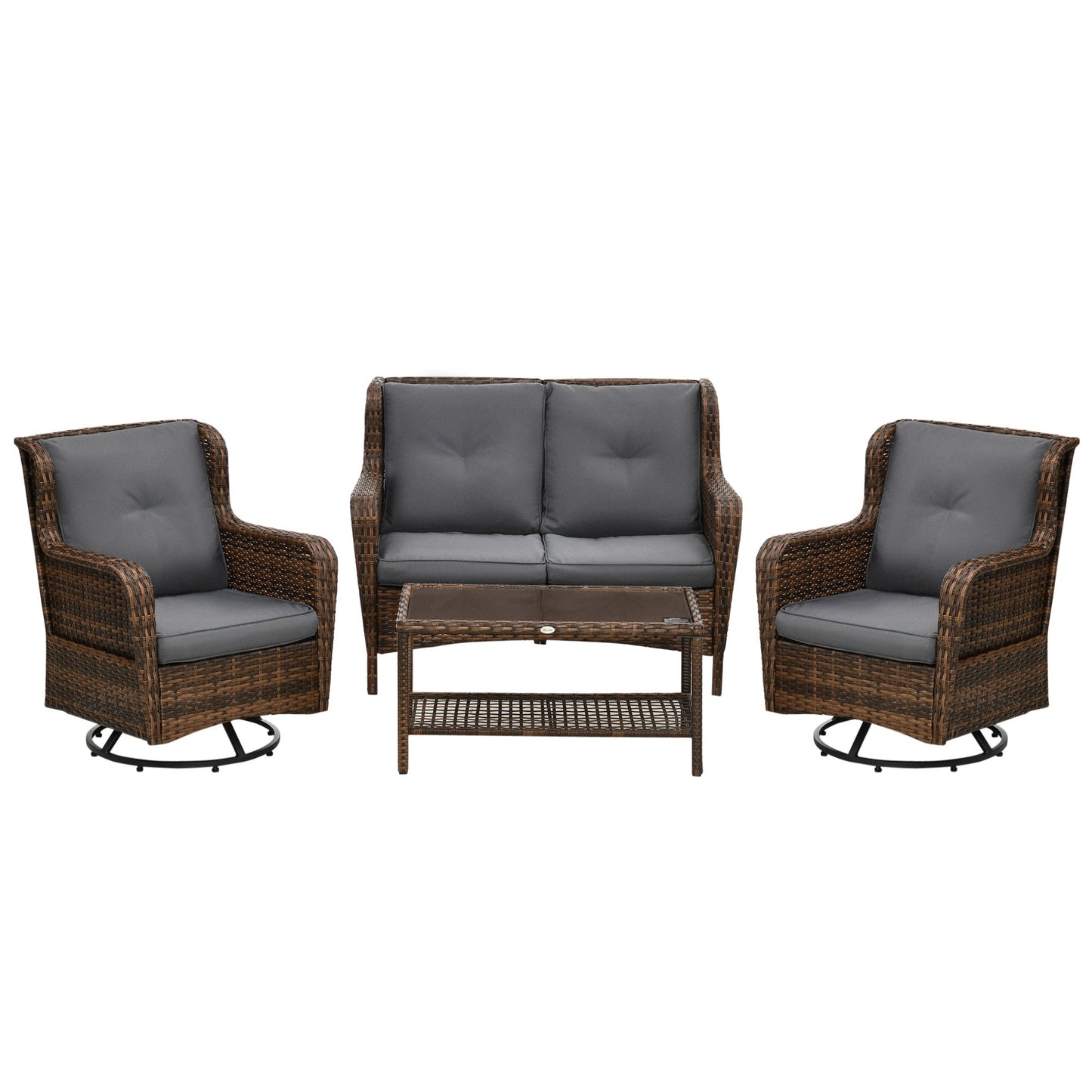 Outsunny 4 Piece PE Rattan Patio Furniture Set with 2 Swivel Rockers, 2-Tier Glass Table &amp; Loveseat, Gray - 860-257V00MB