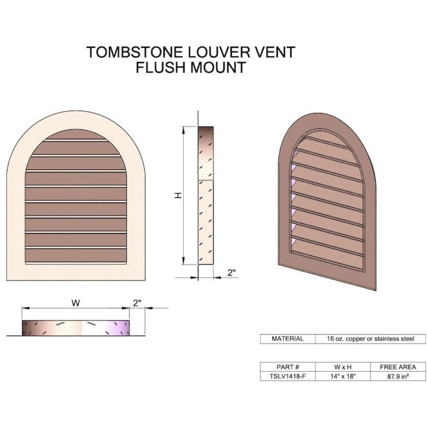 Copperlab Stainless Steel Tombstone Louvered Gable Wall Vent -  SWLVT1218F