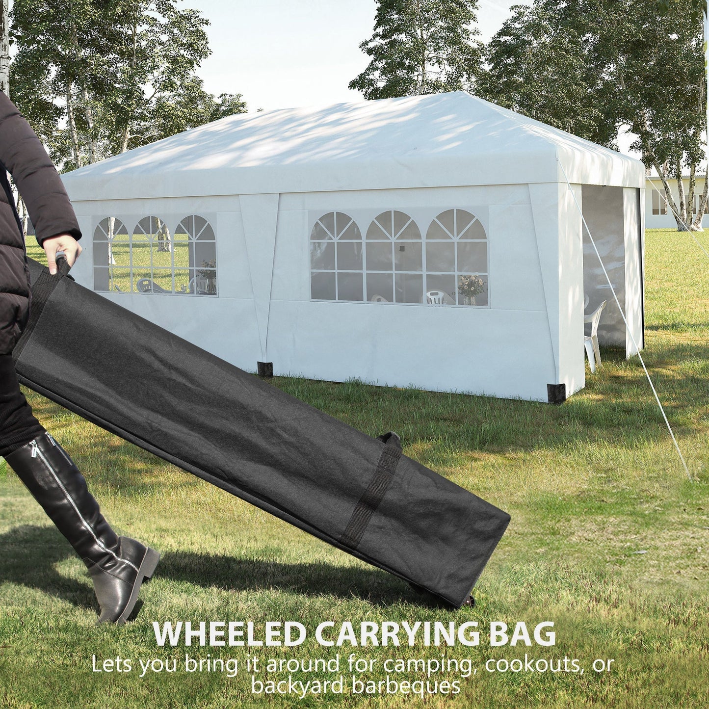 Outsunny 10' x 19.5' Pop Up Canopy Tent with Height Adjustable, Sidewalls, Weight Bags&Carry Bag, White - 84C-404V00WT