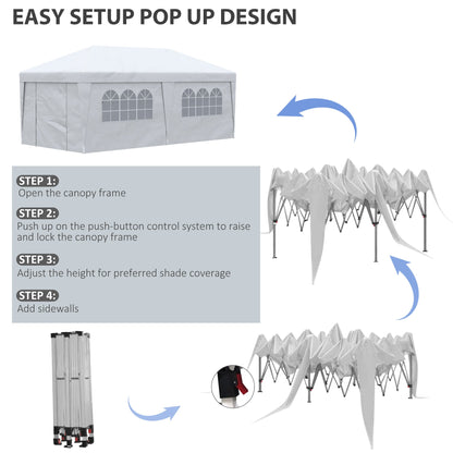 Outsunny 10' x 19.5' Pop Up Canopy Tent with Height Adjustable, Sidewalls, Weight Bags&Carry Bag, White - 84C-404V00WT