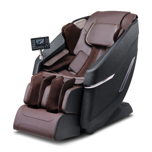 Massage chair with brown leather seats and black frame on a white background